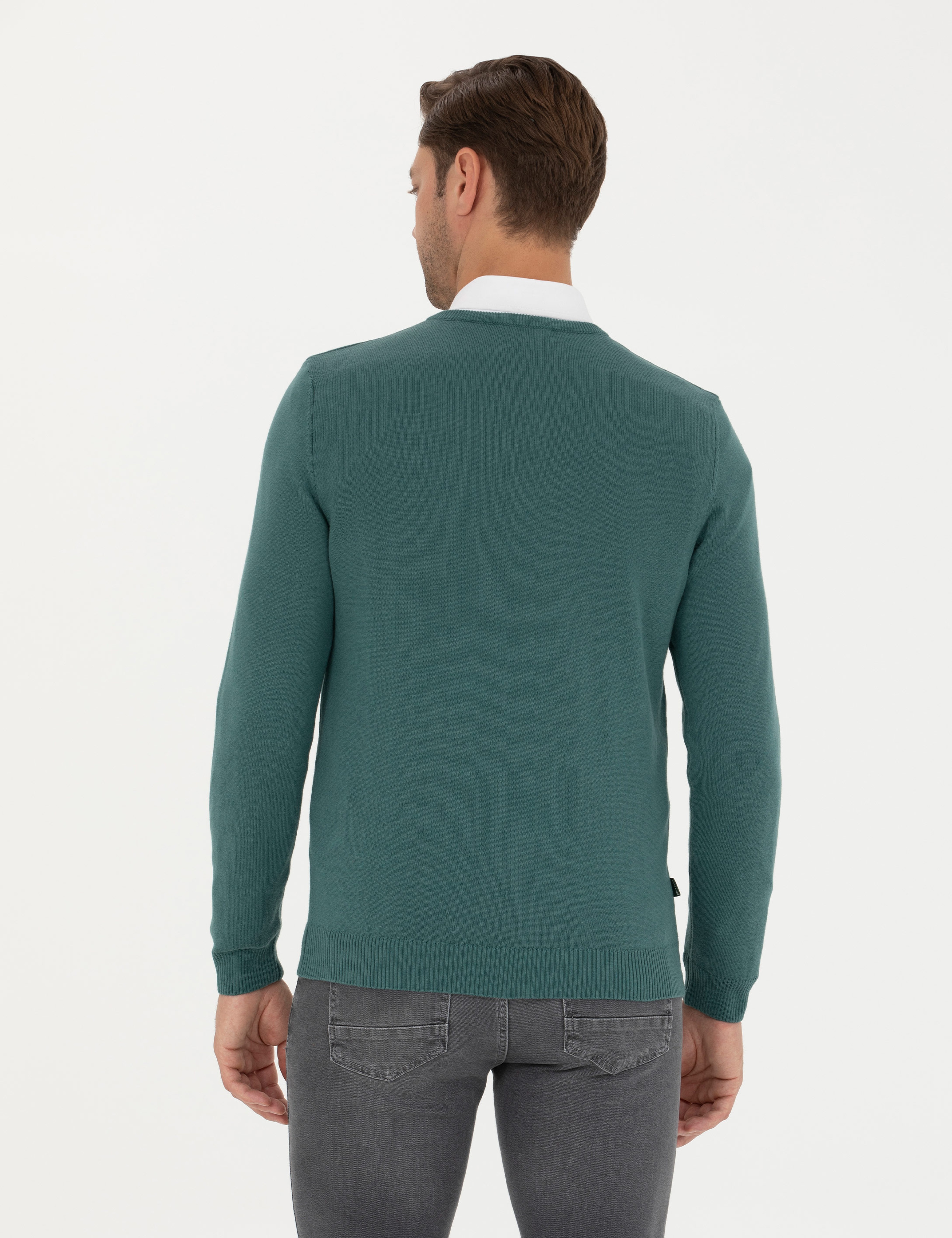 Yeşil Slim Fit V Yaka Basic Triko Kazak