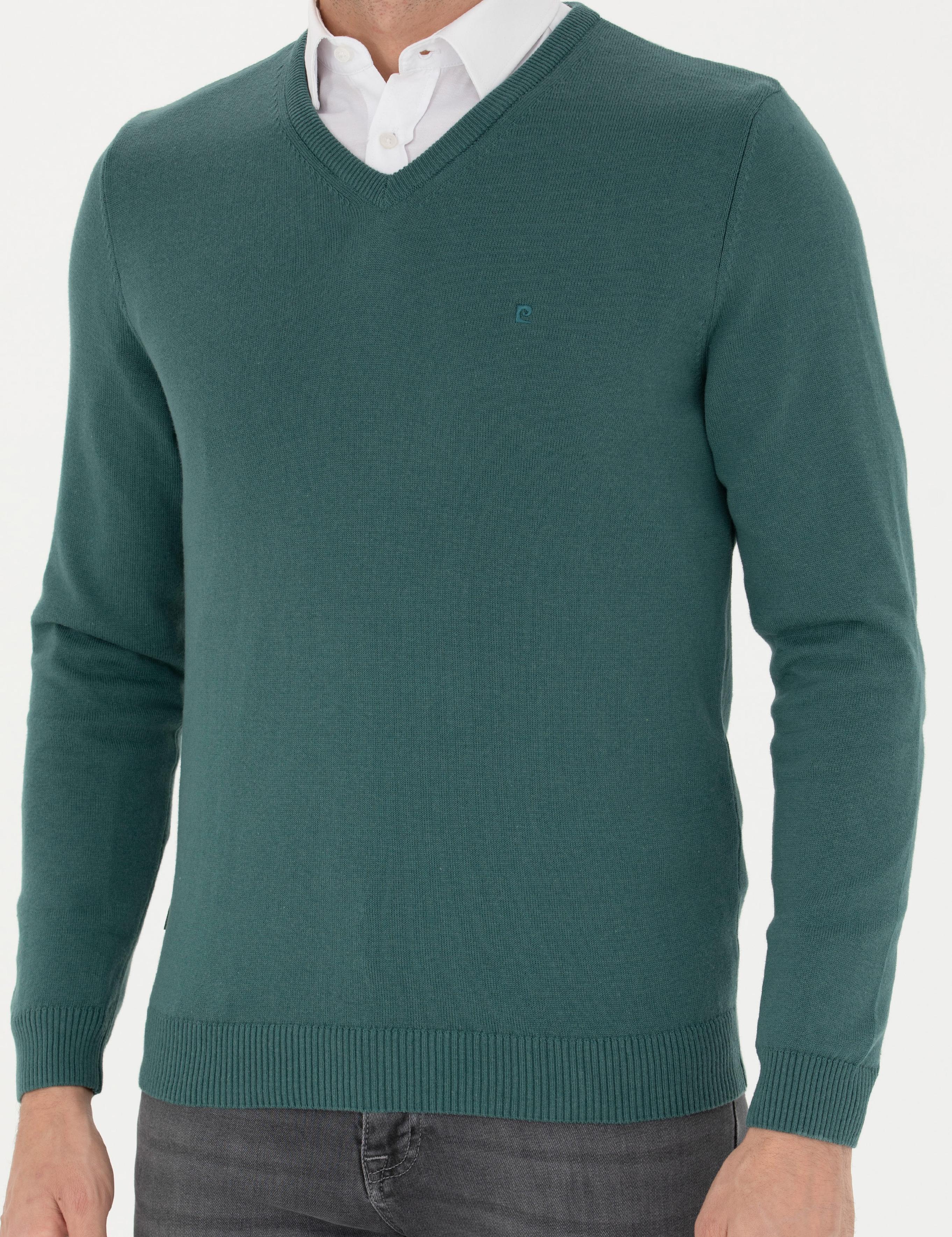 Yeşil Slim Fit V Yaka Basic Triko Kazak