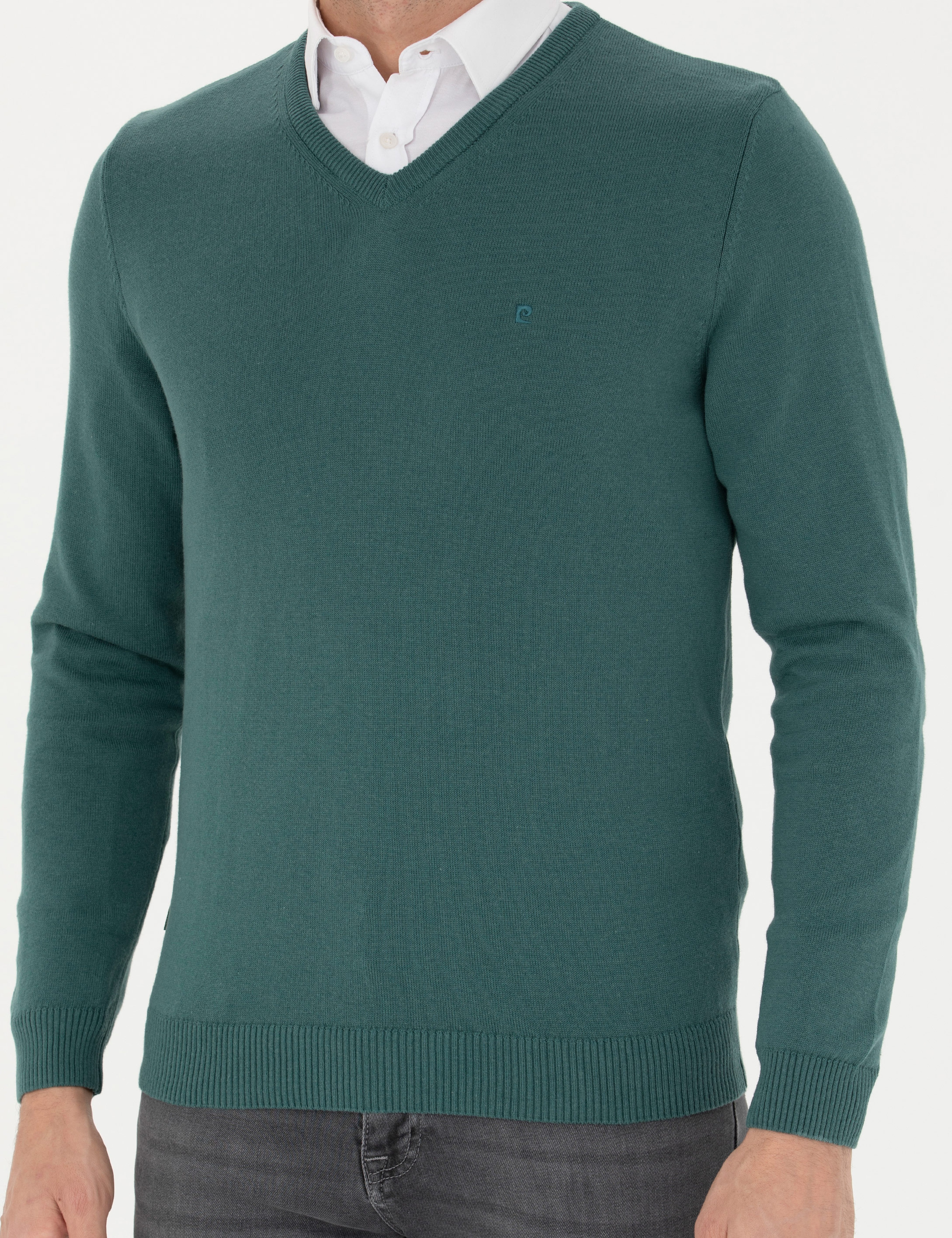 Yeşil Slim Fit V Yaka Basic Triko Kazak - Image 6
