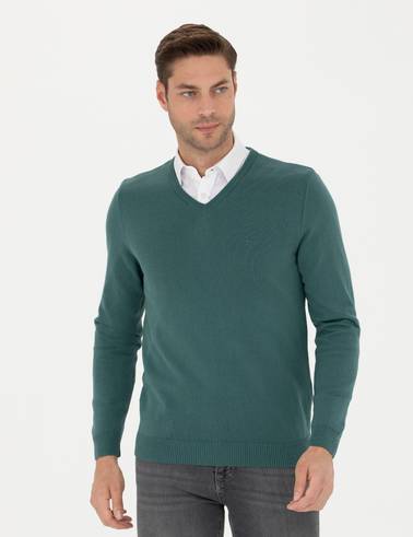 Yeşil Slim Fit V Yaka Basic Triko Kazak
