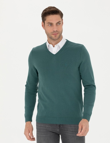 Yeşil Slim Fit V Yaka Basic Triko Kazak