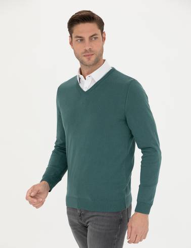 Yeşil Slim Fit V Yaka Basic Triko Kazak