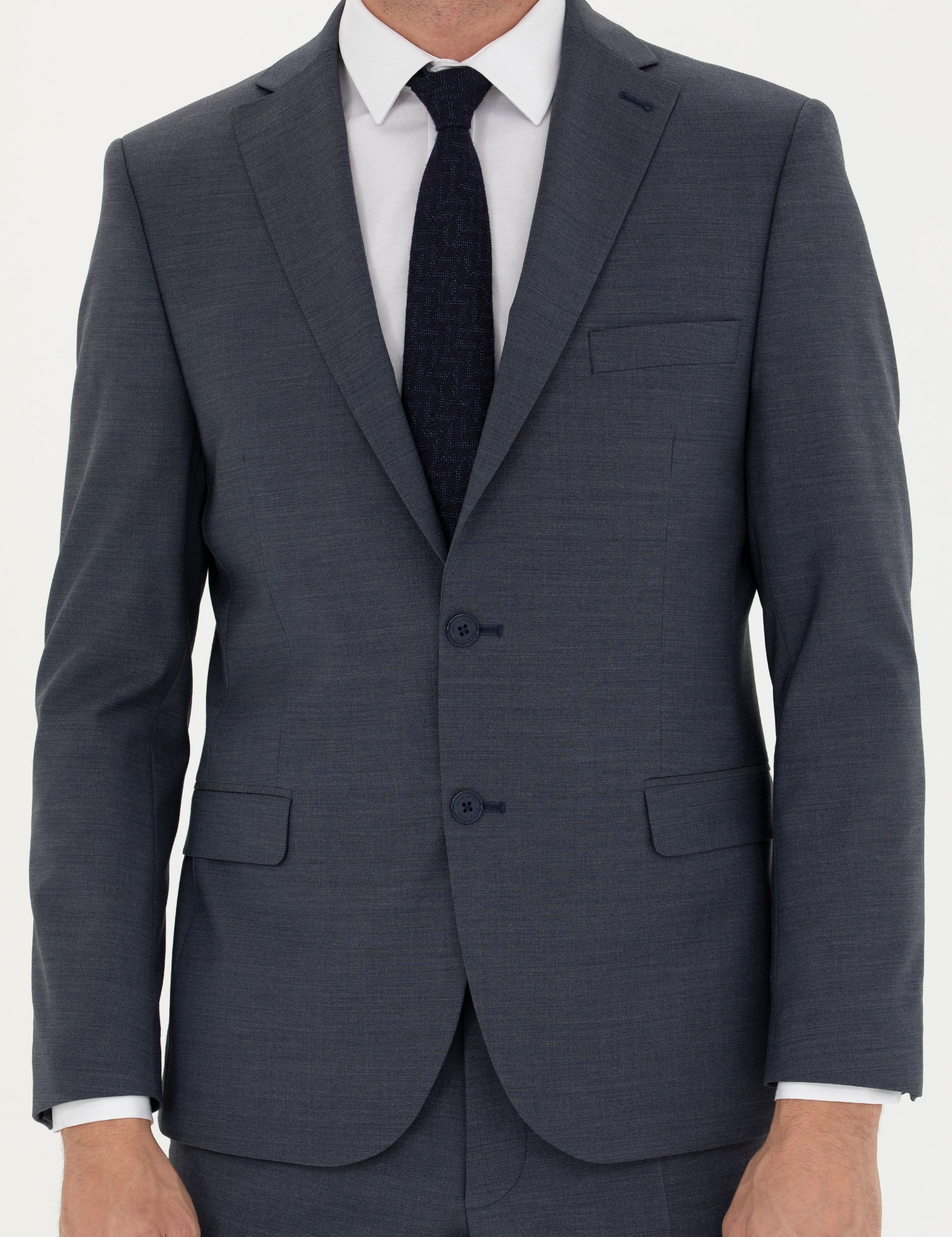 Koyu Mavi Slim Fit Yün Karışımlı Takım Elbise