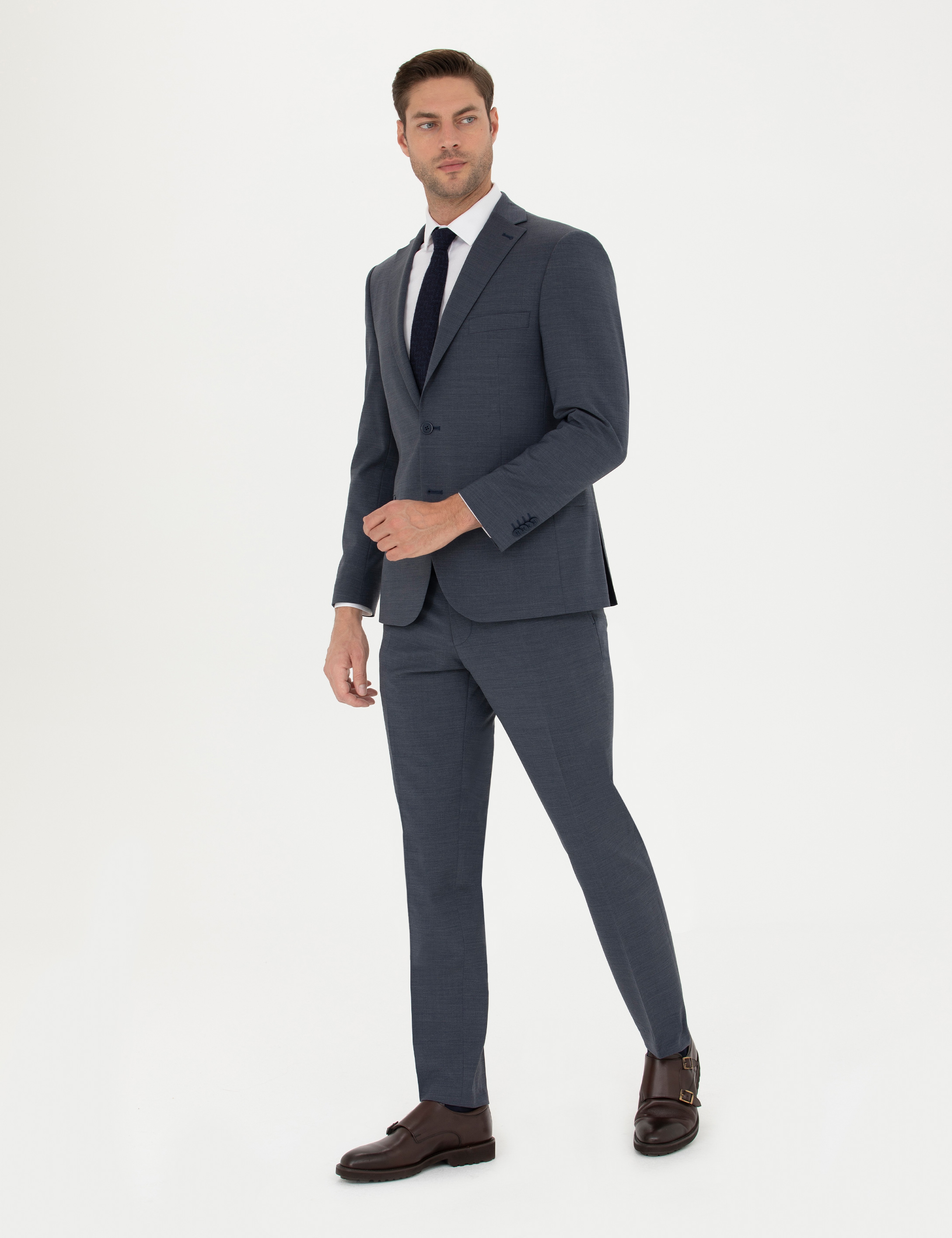Koyu Mavi Slim Fit Yün Karışımlı Takım Elbise - Image 4