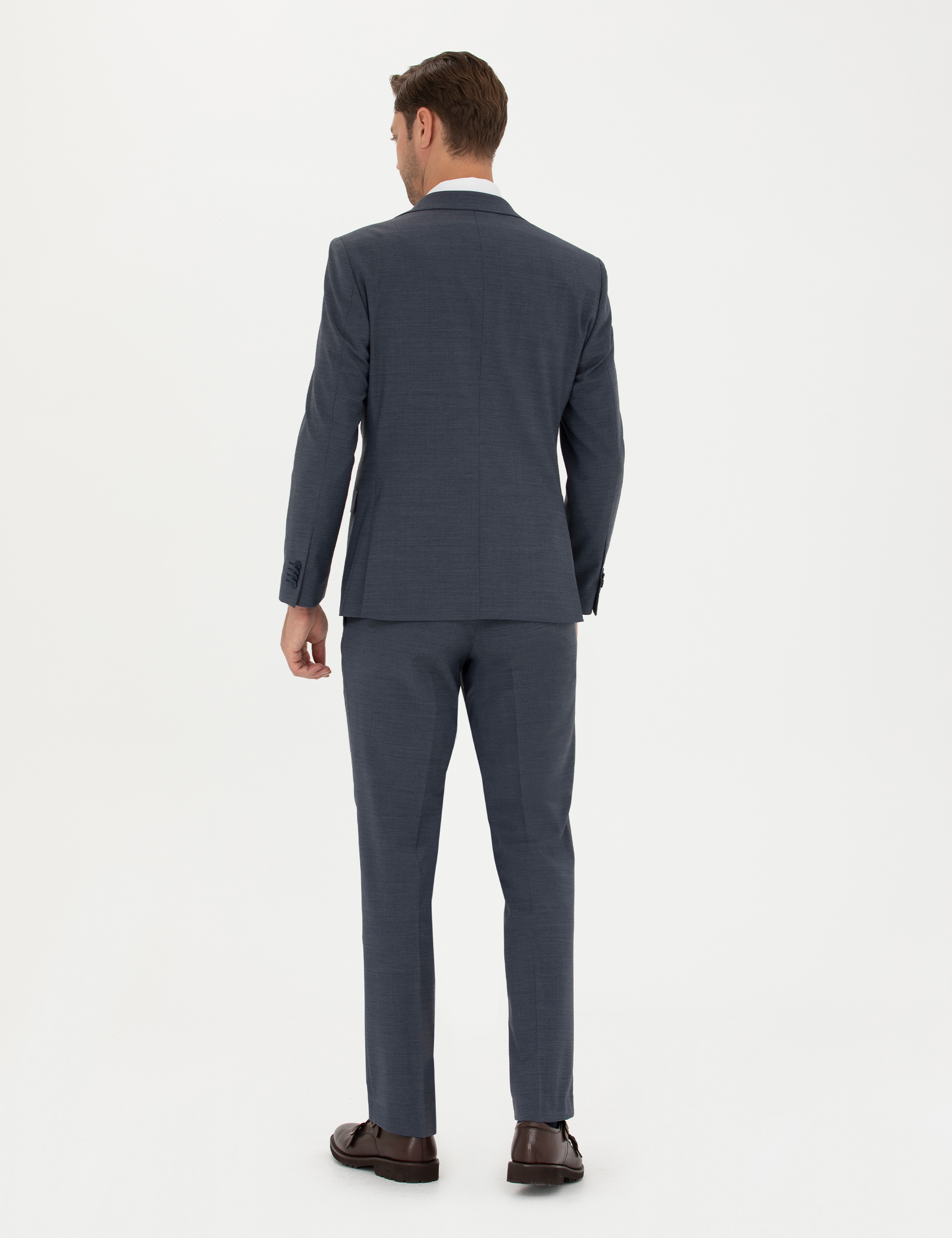 Koyu Mavi Slim Fit Yün Karışımlı Takım Elbise - Image 5