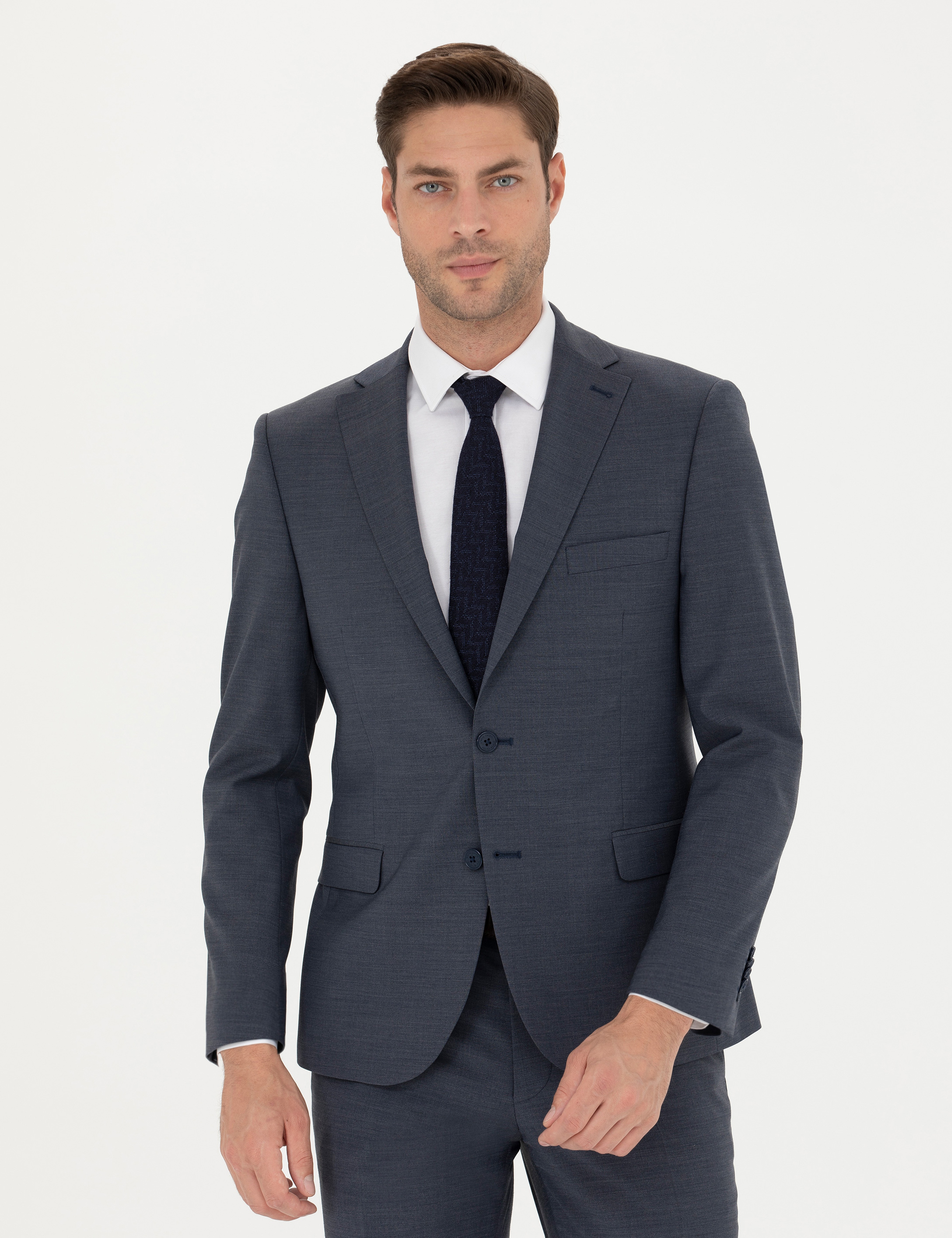 Koyu Mavi Slim Fit Yün Karışımlı Takım Elbise - Image 3