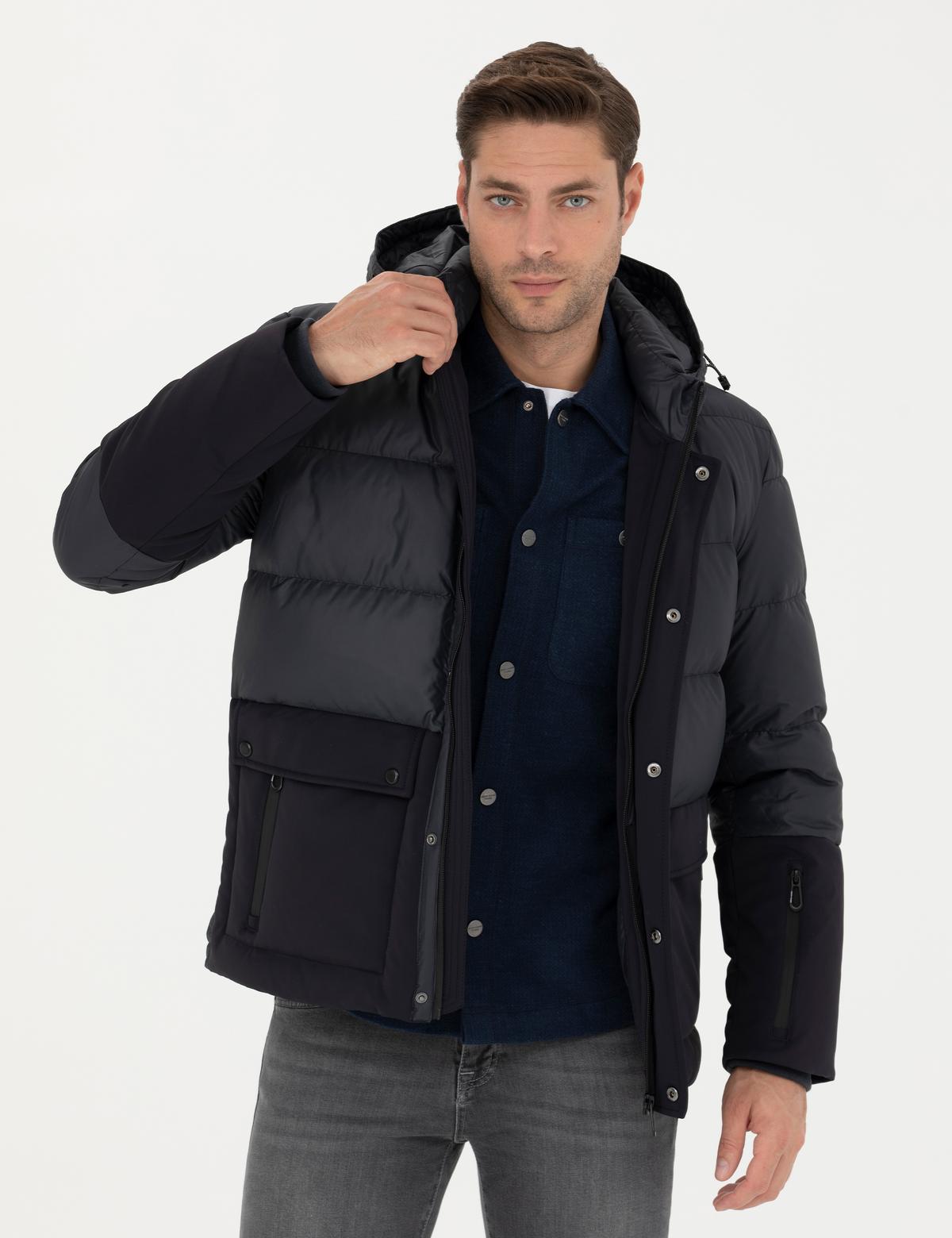 Lacivert Kapüşonlu Kapitone Spor Cepli Mont