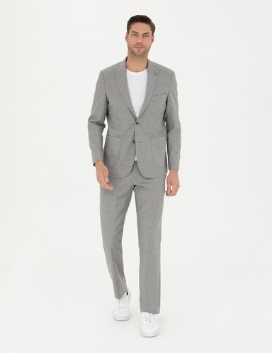 Gri Slim Fit Yün Karışımlı Takım Elbise