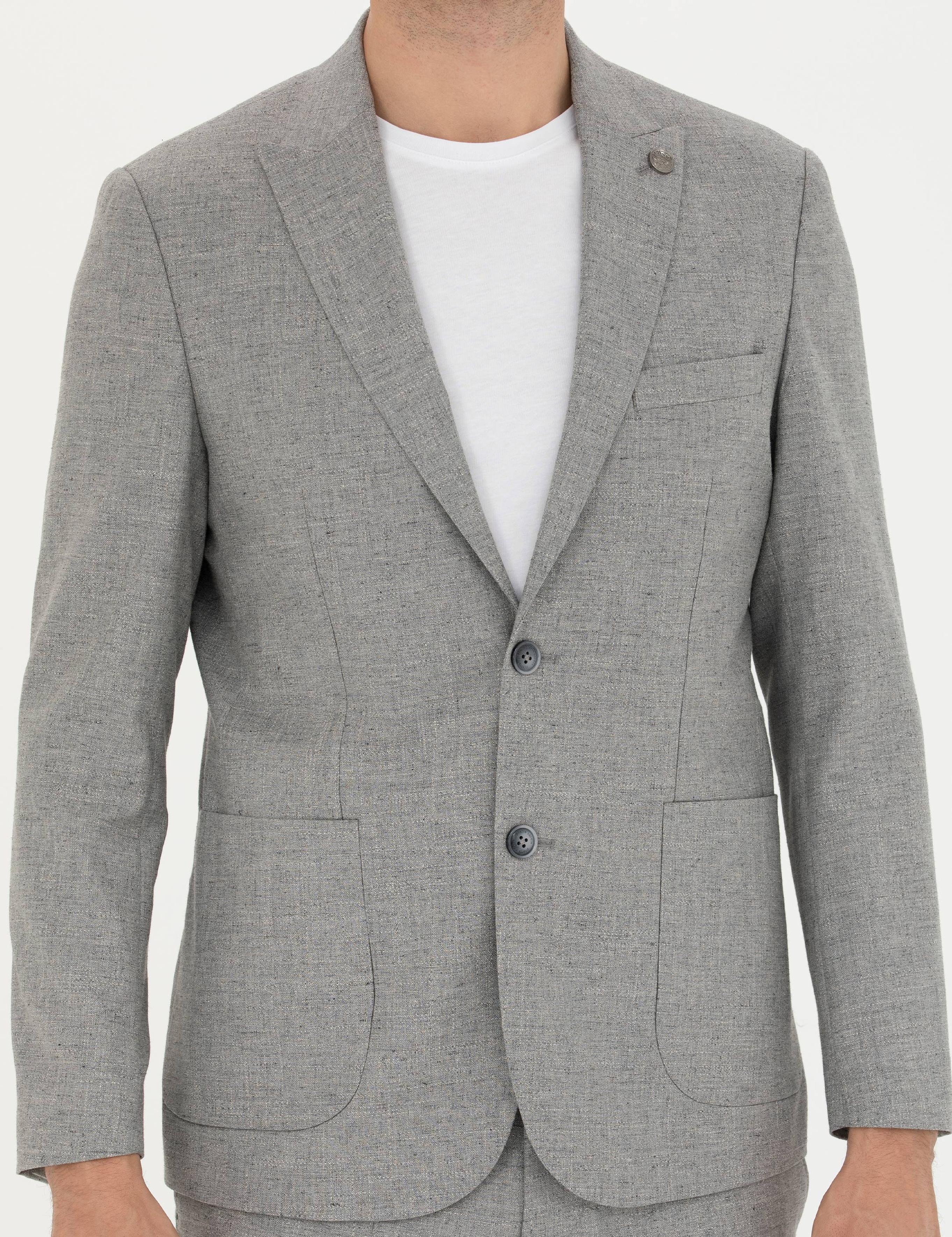 Gri Slim Fit Yün Karışımlı Takım Elbise