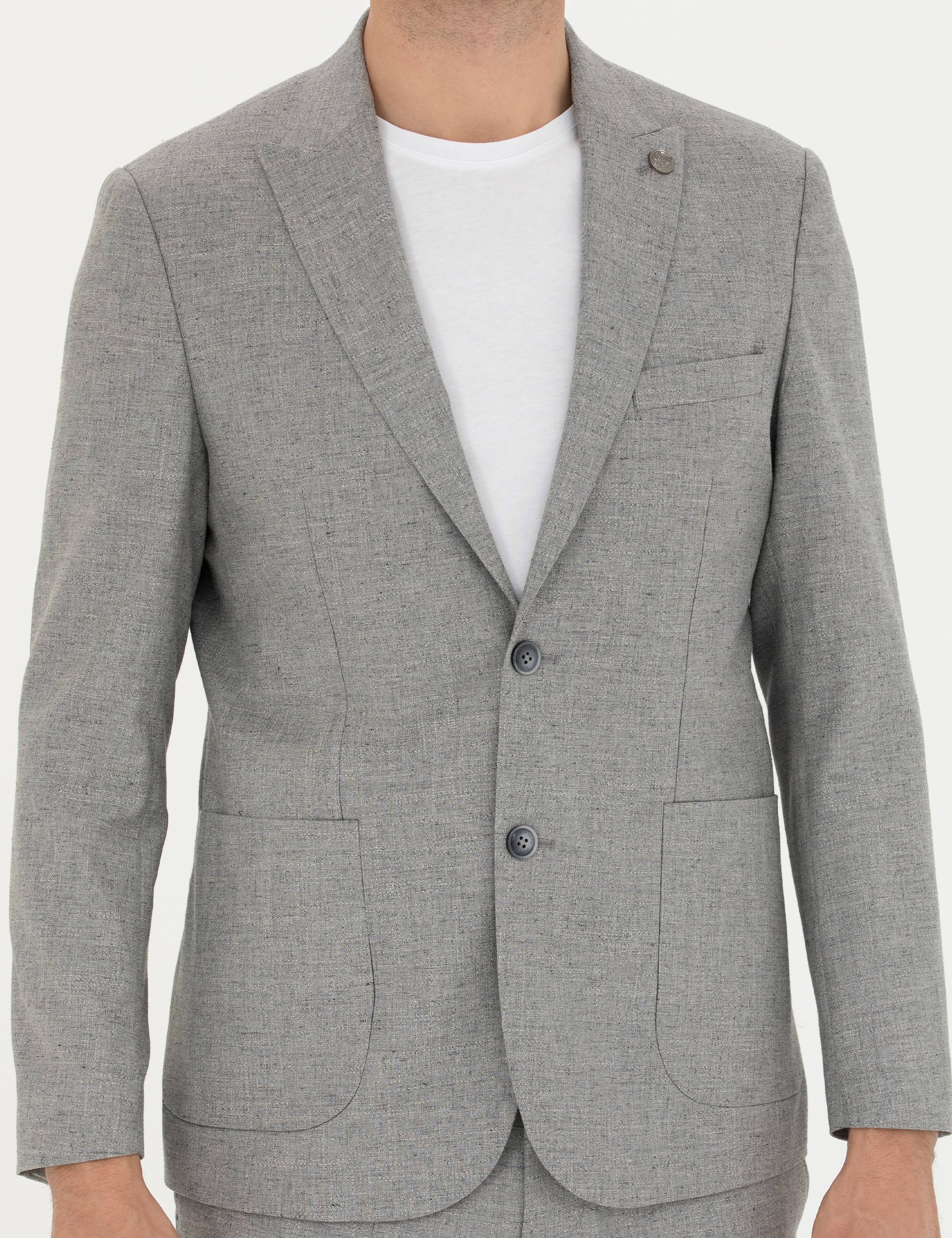 Gri Slim Fit Yün Karışımlı Takım Elbise