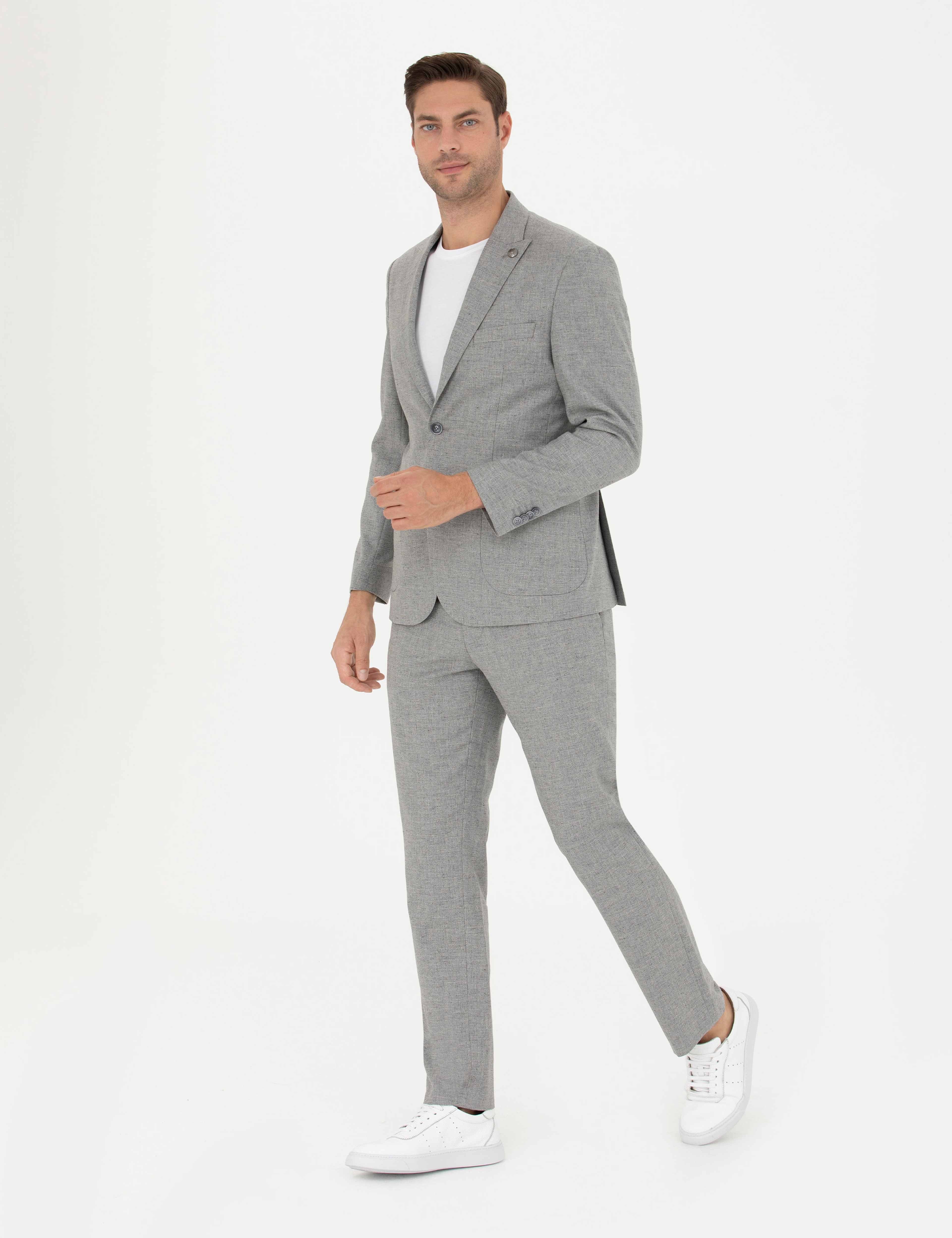 Gri Slim Fit Yün Karışımlı Takım Elbise - Image 4