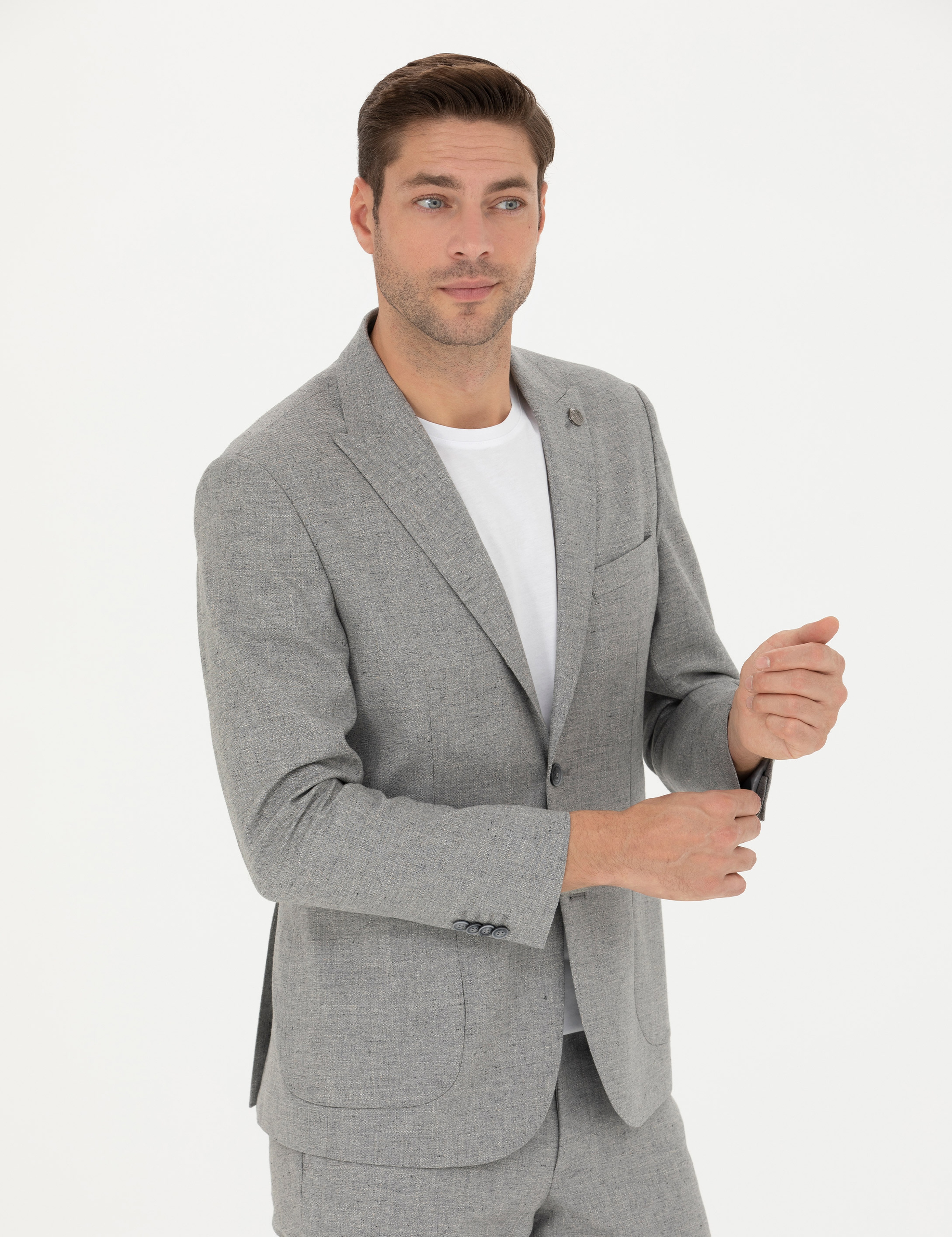 Gri Slim Fit Yün Karışımlı Takım Elbise - Image 3