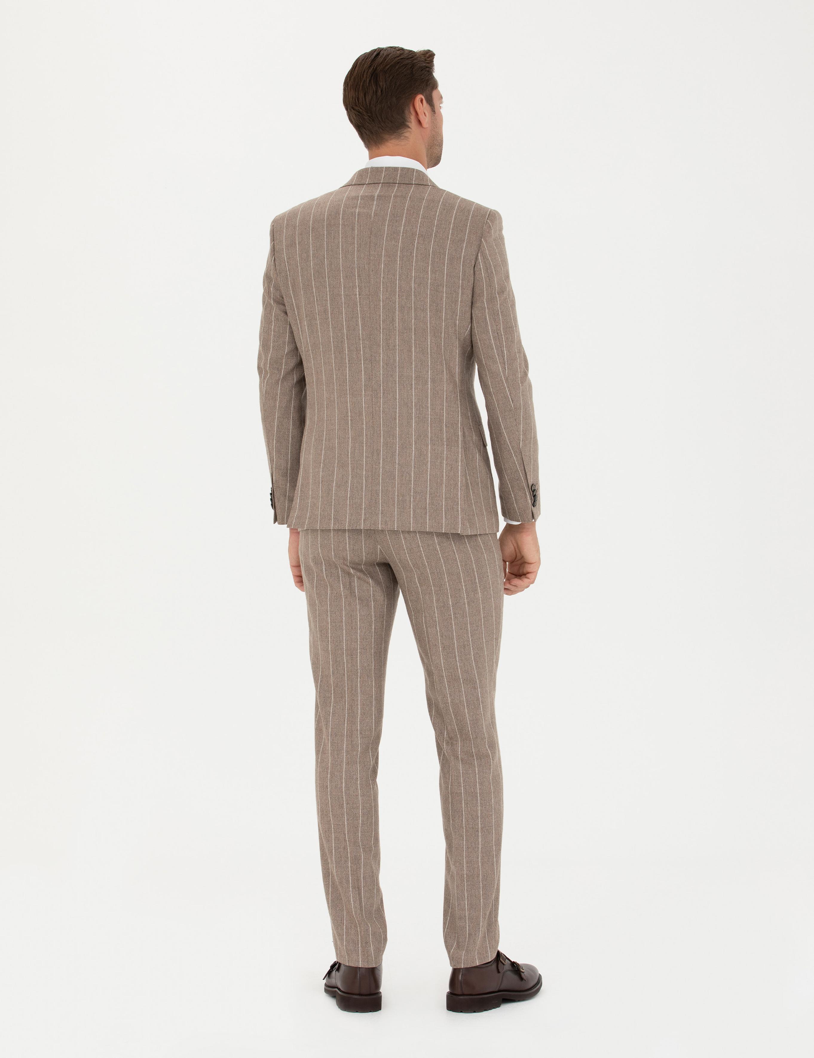 Bej Çizgili Ekstra Slim Fit Yün Takım Elbise