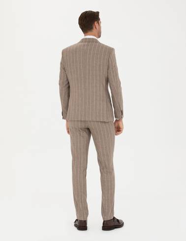 Bej Çizgili Ekstra Slim Fit Yün Takım Elbise