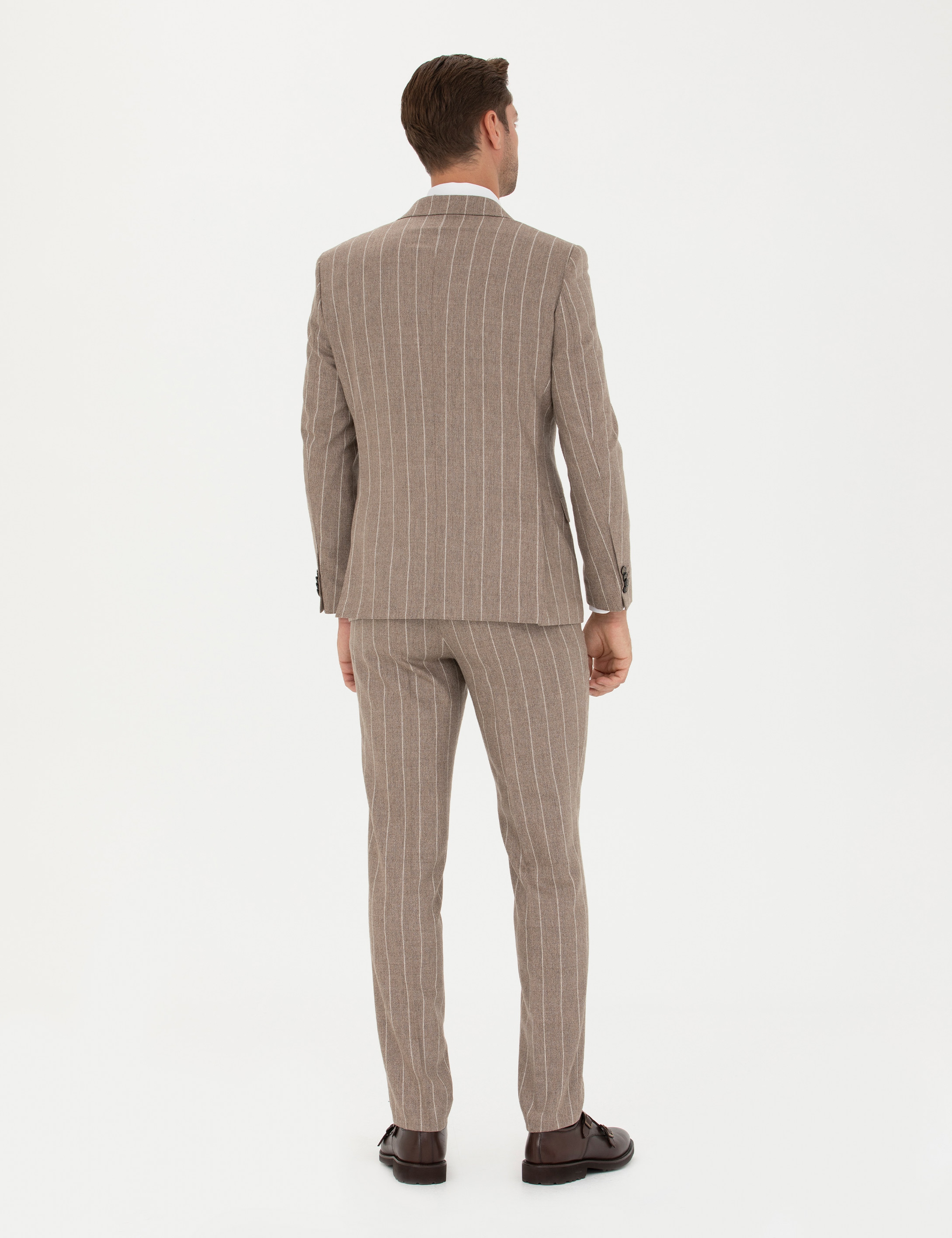 Bej Çizgili Ekstra Slim Fit Yün Takım Elbise - Image 5