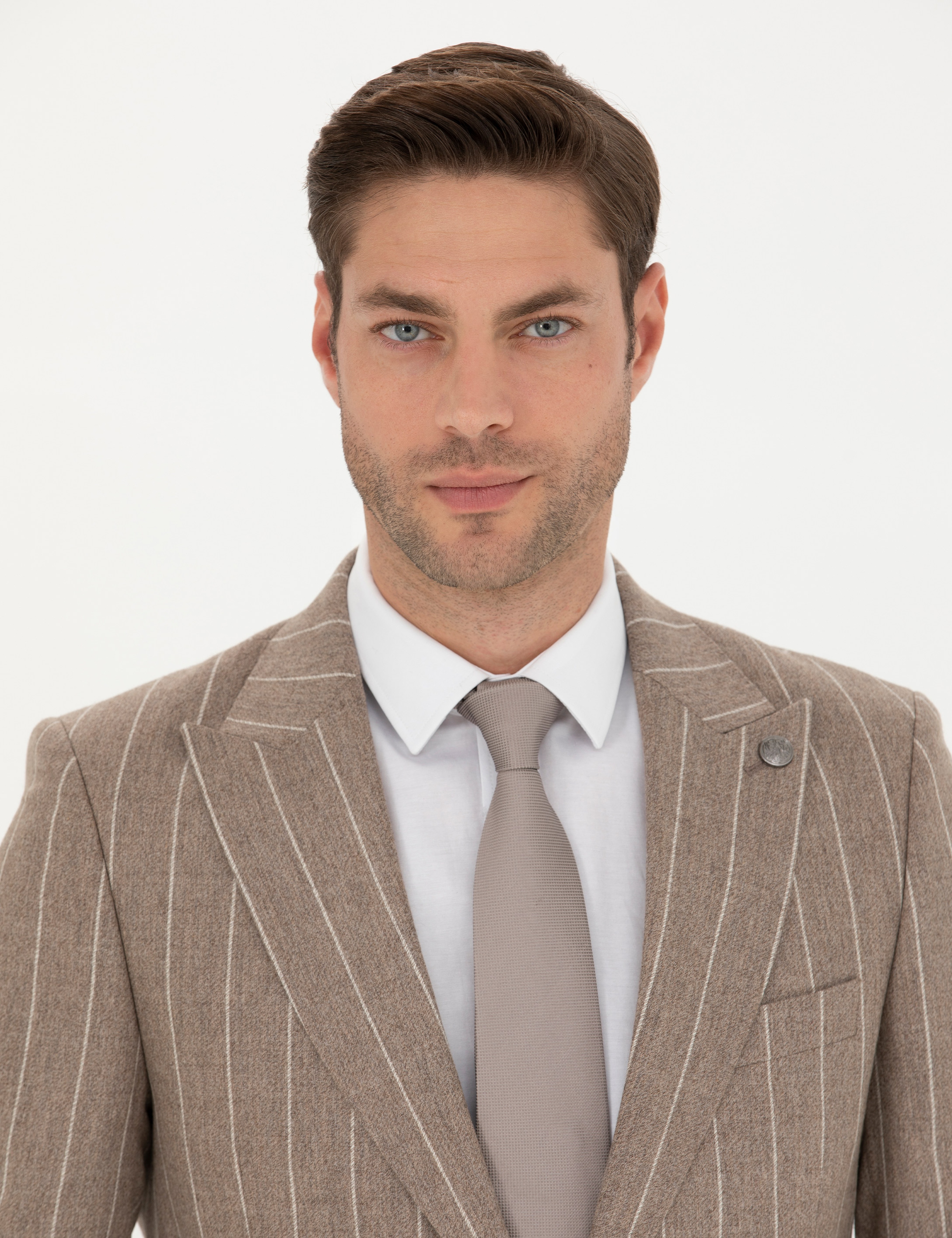 Bej Çizgili Ekstra Slim Fit Yün Takım Elbise - Image 2