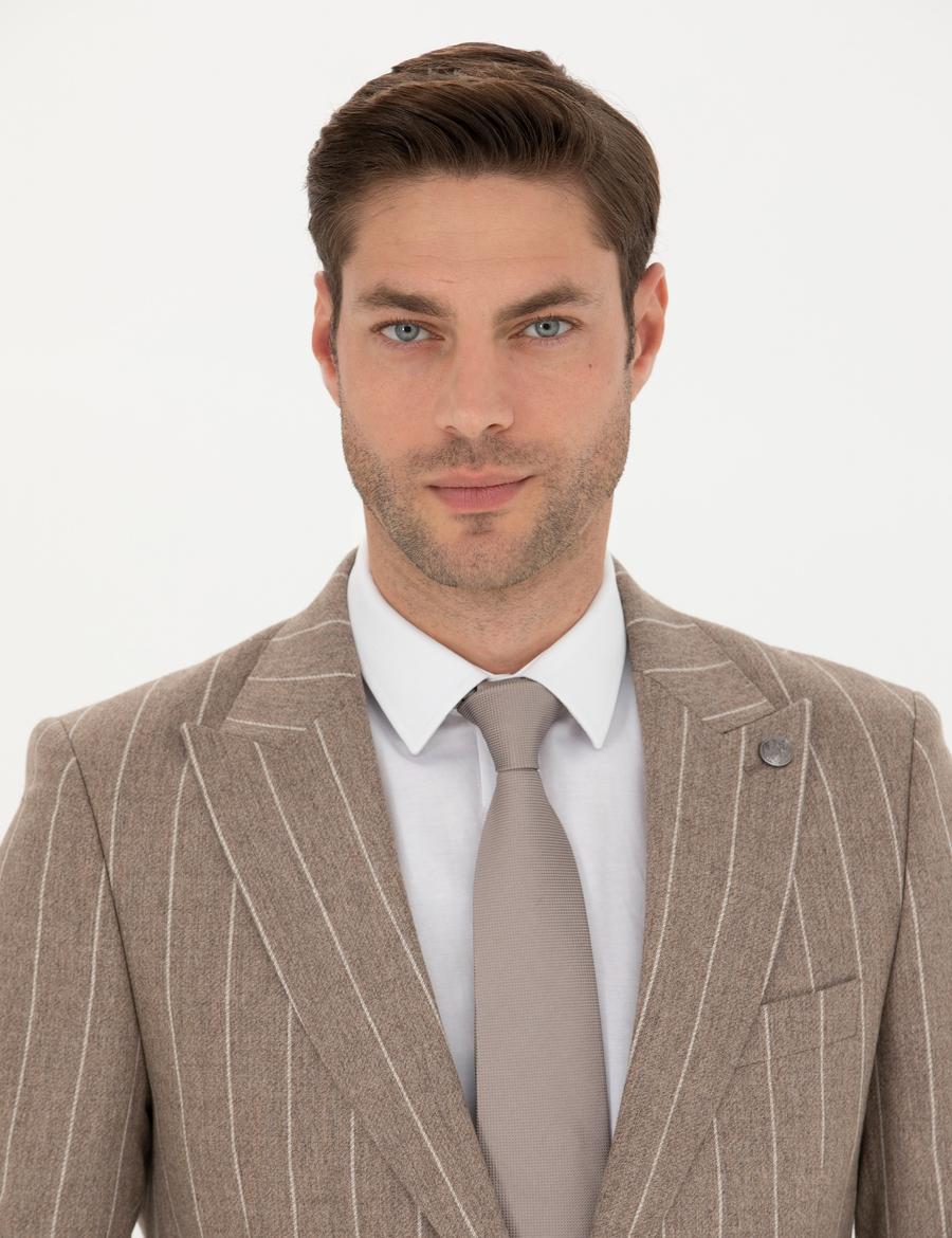 Bej Çizgili Ekstra Slim Fit Yün Takım Elbise