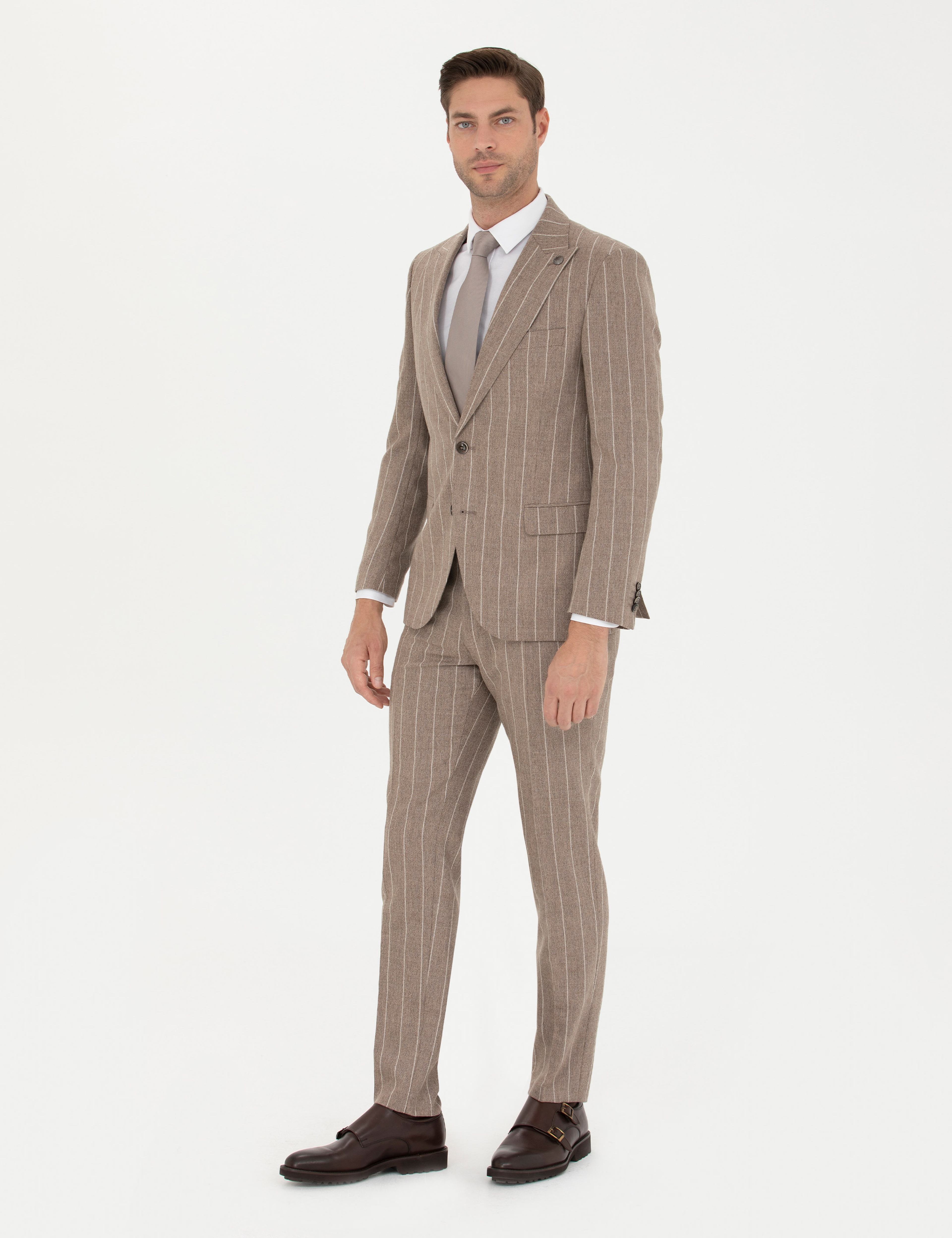 Bej Çizgili Ekstra Slim Fit Yün Takım Elbise - Image 4