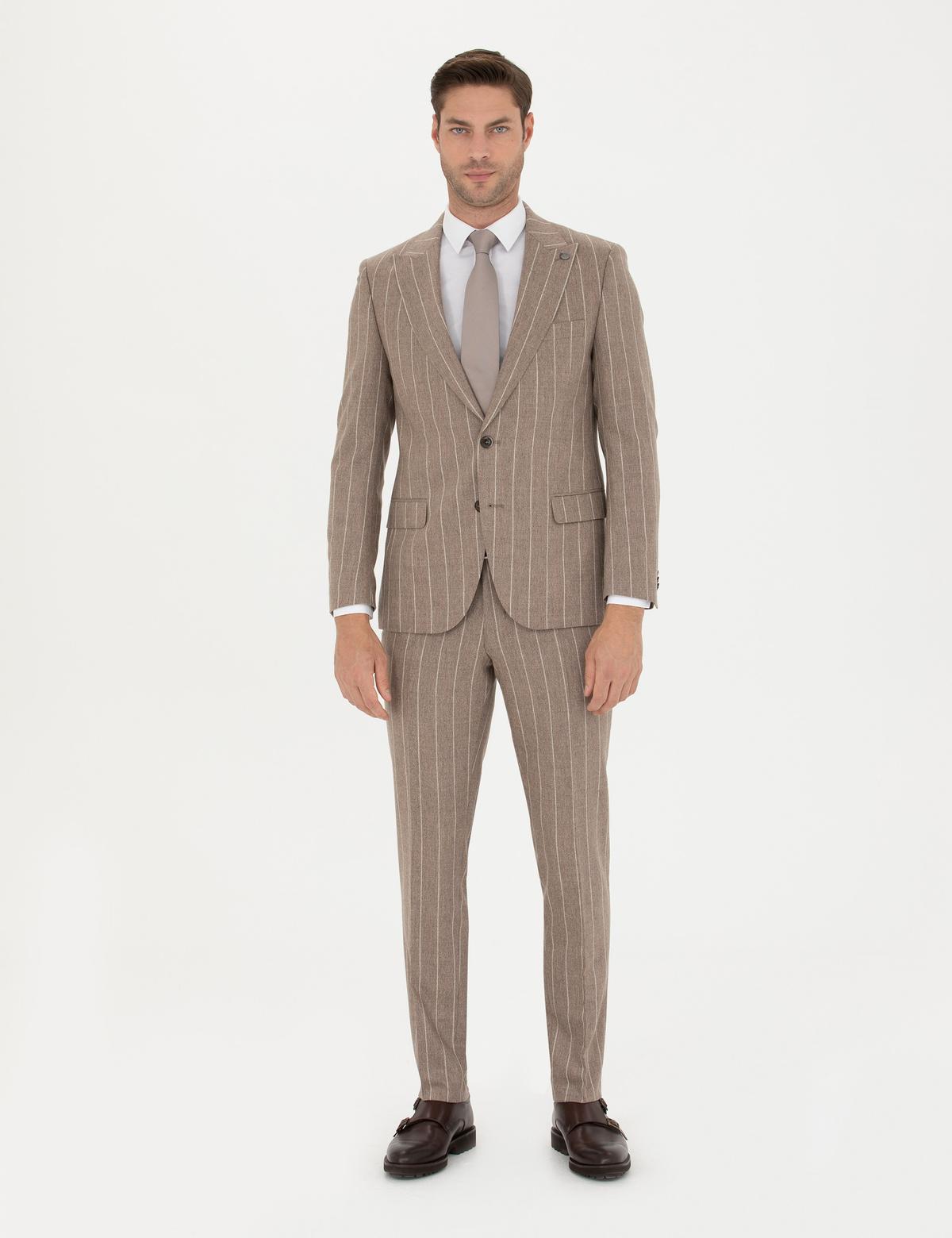 Bej Çizgili Ekstra Slim Fit Yün Takım Elbise