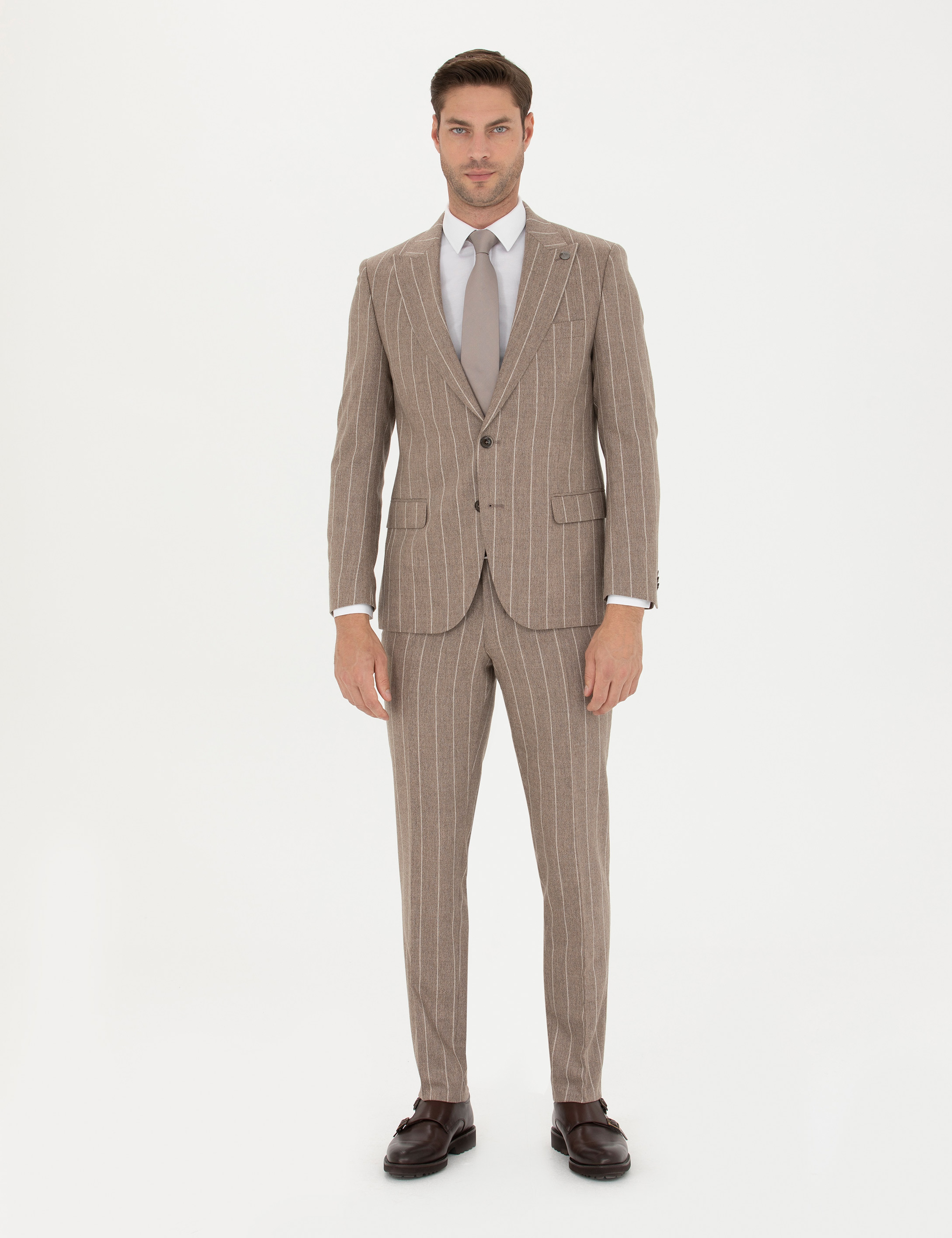 Bej Çizgili Ekstra Slim Fit Yün Takım Elbise - Image 1