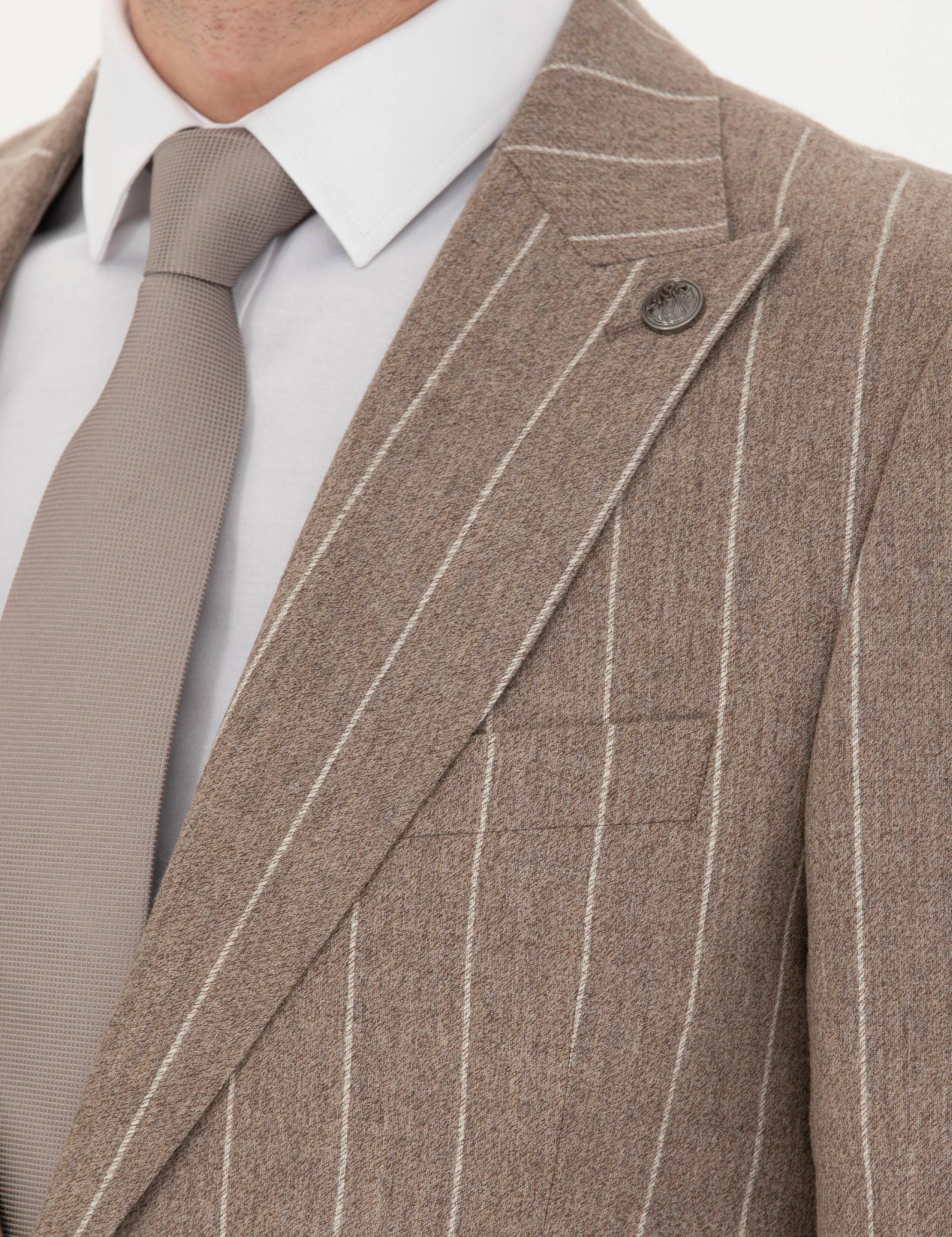 Bej Çizgili Ekstra Slim Fit Yün Takım Elbise