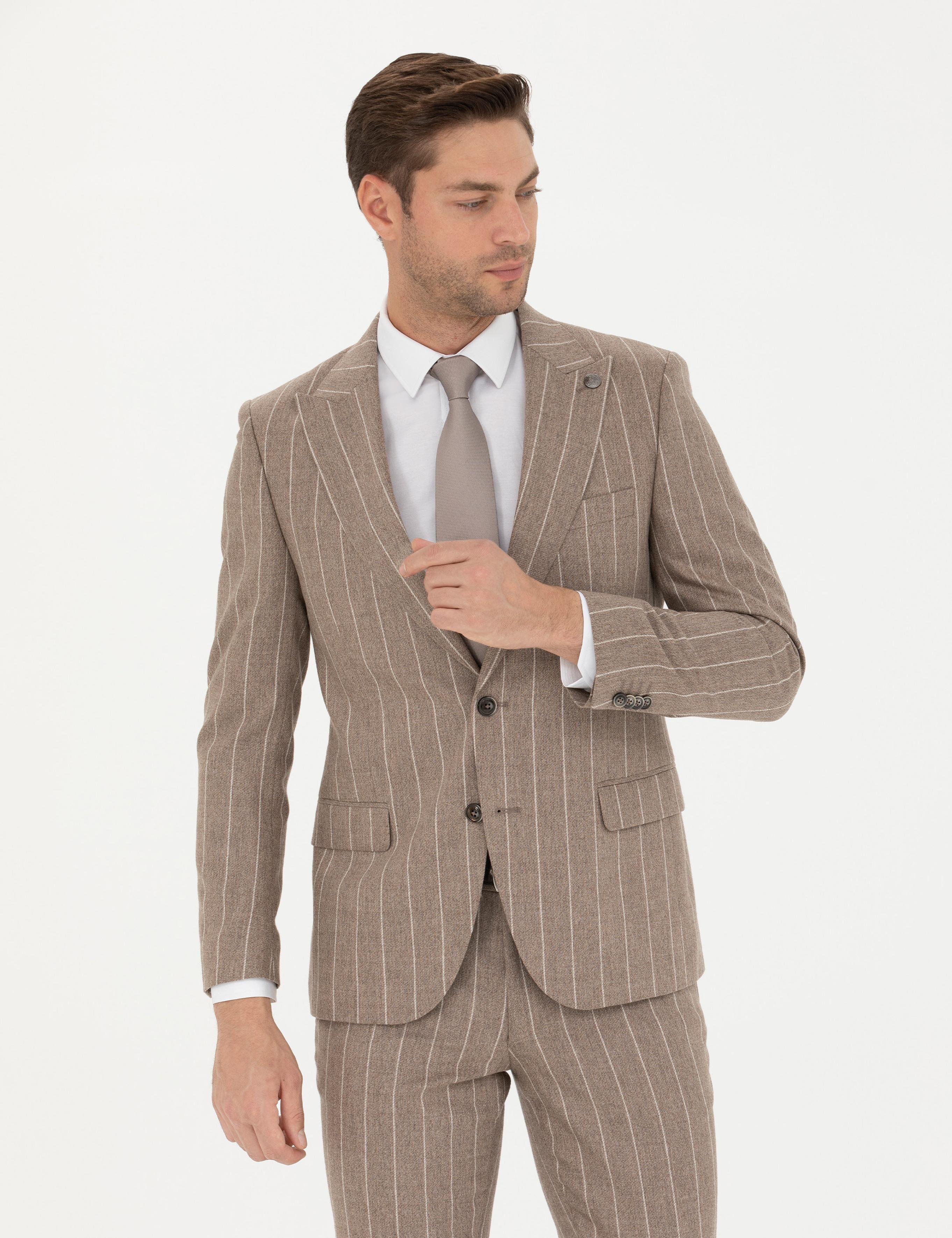 Bej Çizgili Ekstra Slim Fit Yün Takım Elbise