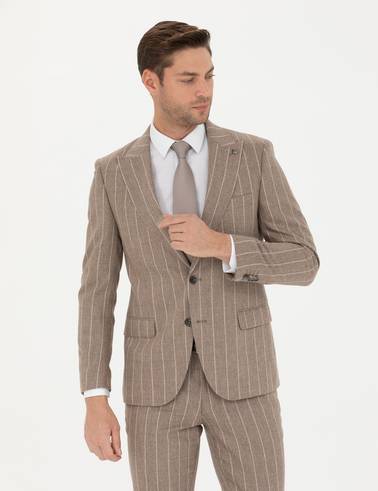 Bej Çizgili Ekstra Slim Fit Yün Takım Elbise