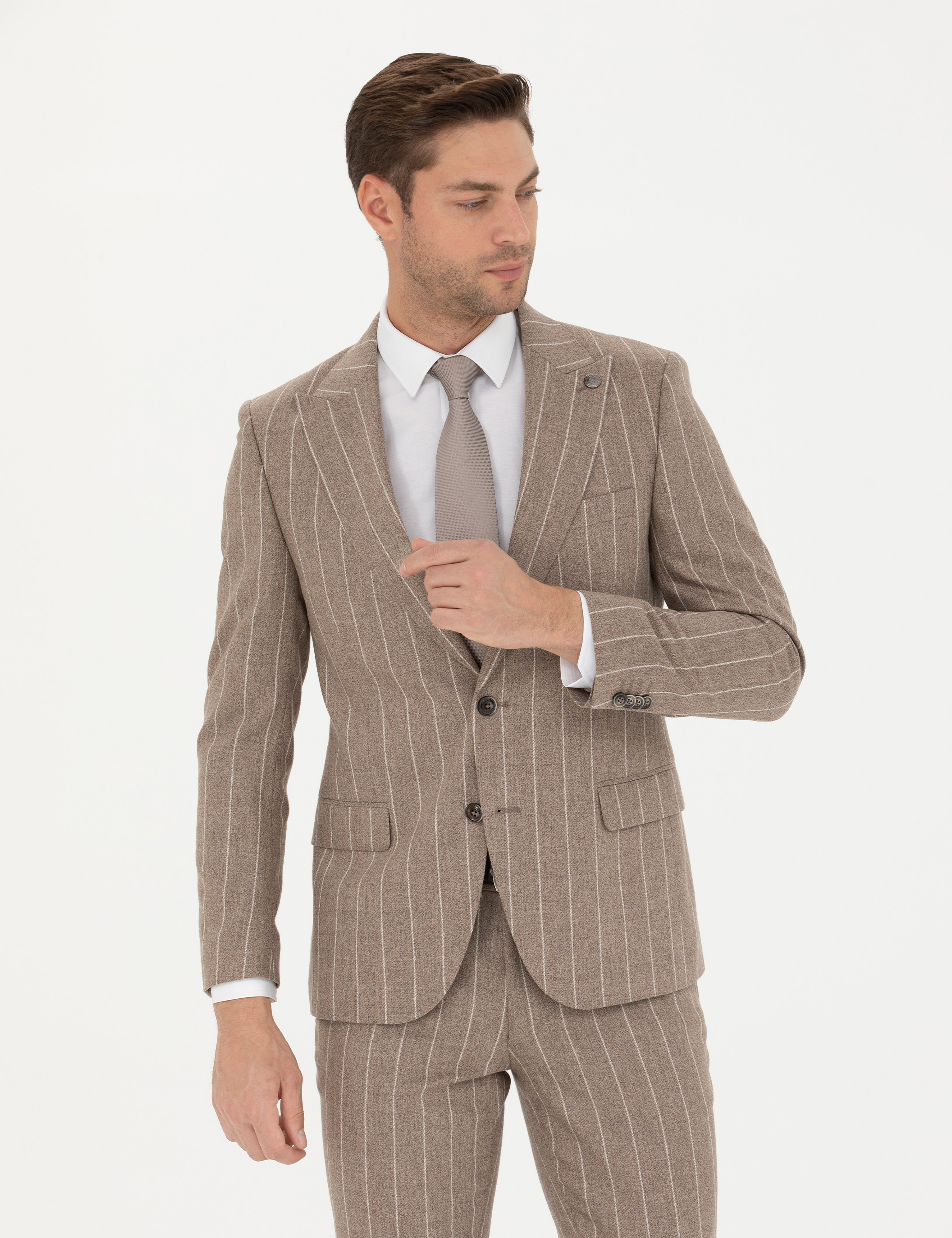 Bej Çizgili Ekstra Slim Fit Yün Takım Elbise - Image 3