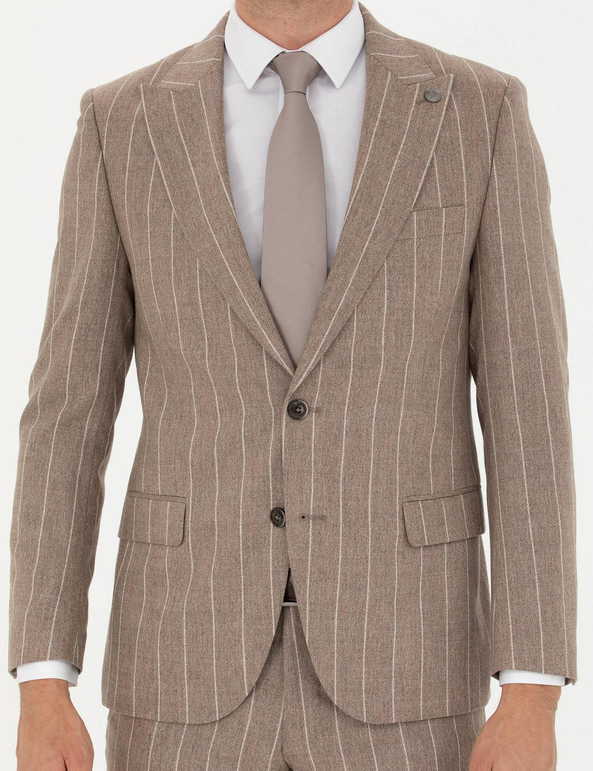 Bej Çizgili Ekstra Slim Fit Yün Takım Elbise - 50274534008