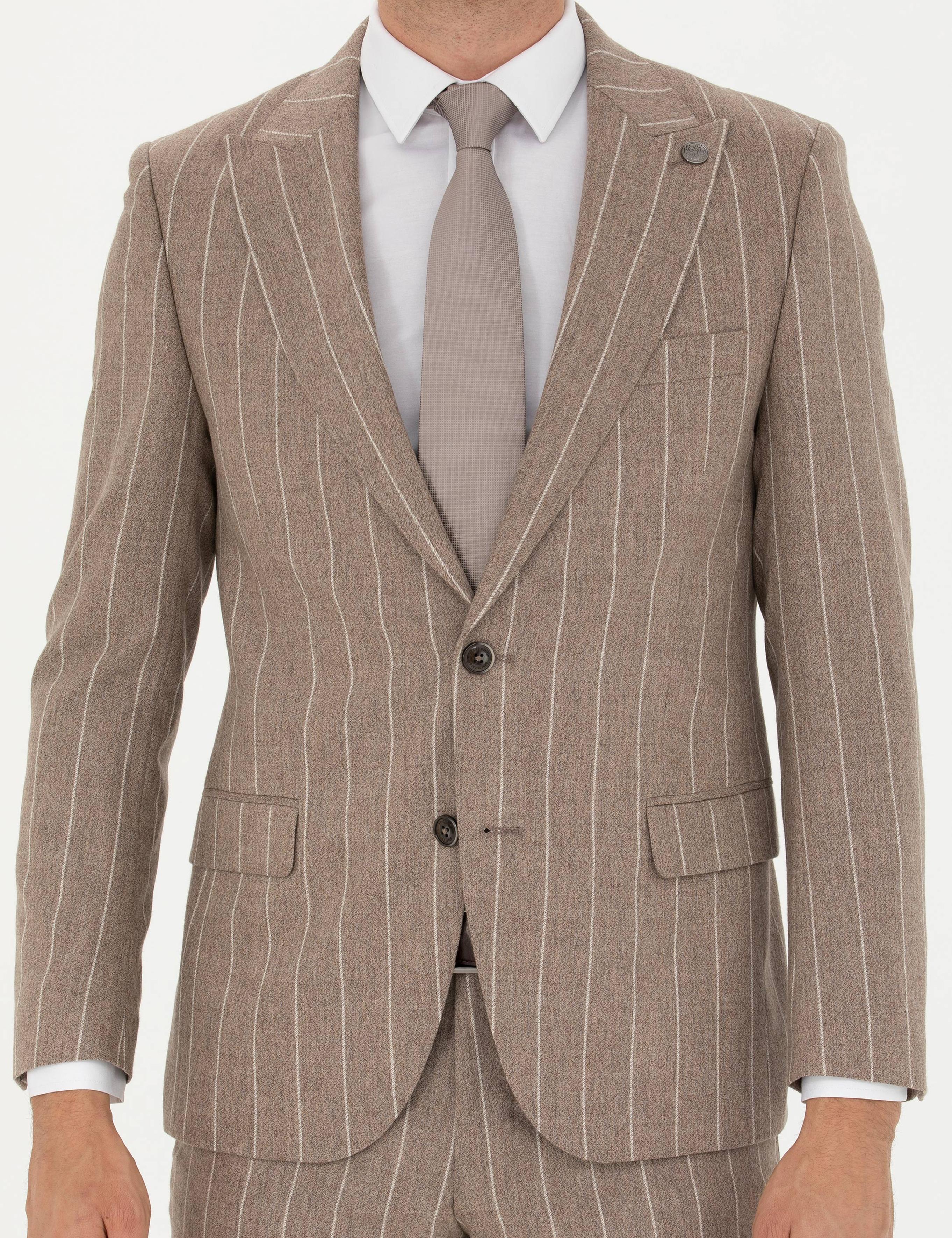 Bej Çizgili Ekstra Slim Fit Yün Takım Elbise