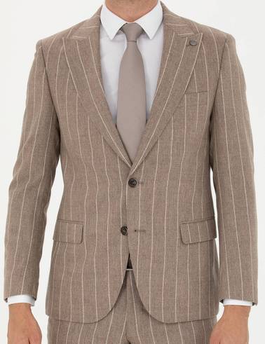 Bej Çizgili Ekstra Slim Fit Yün Takım Elbise