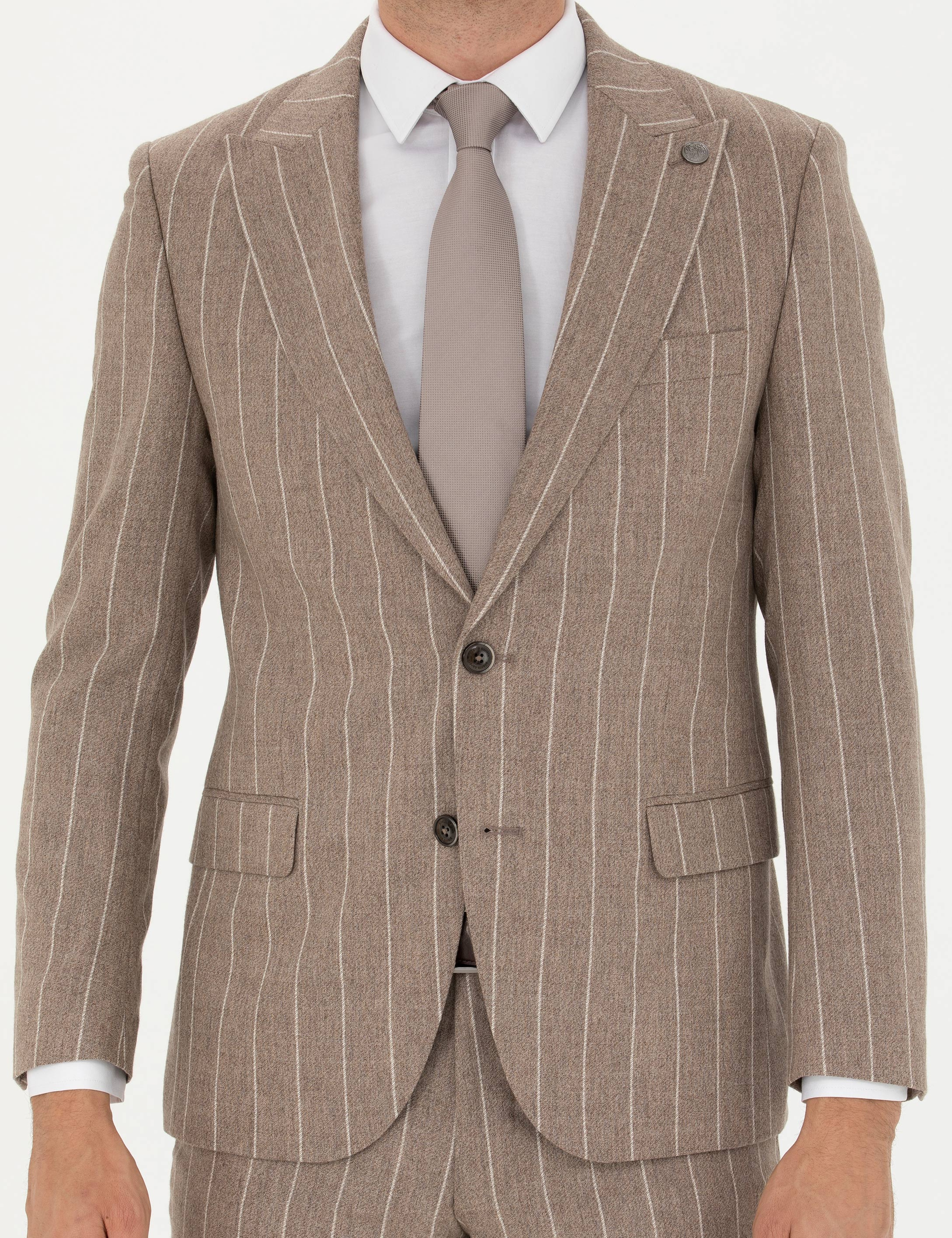 Bej Çizgili Ekstra Slim Fit Yün Takım Elbise
