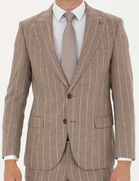 Bej Çizgili Ekstra Slim Fit Yün Takım Elbise - 50274534008
