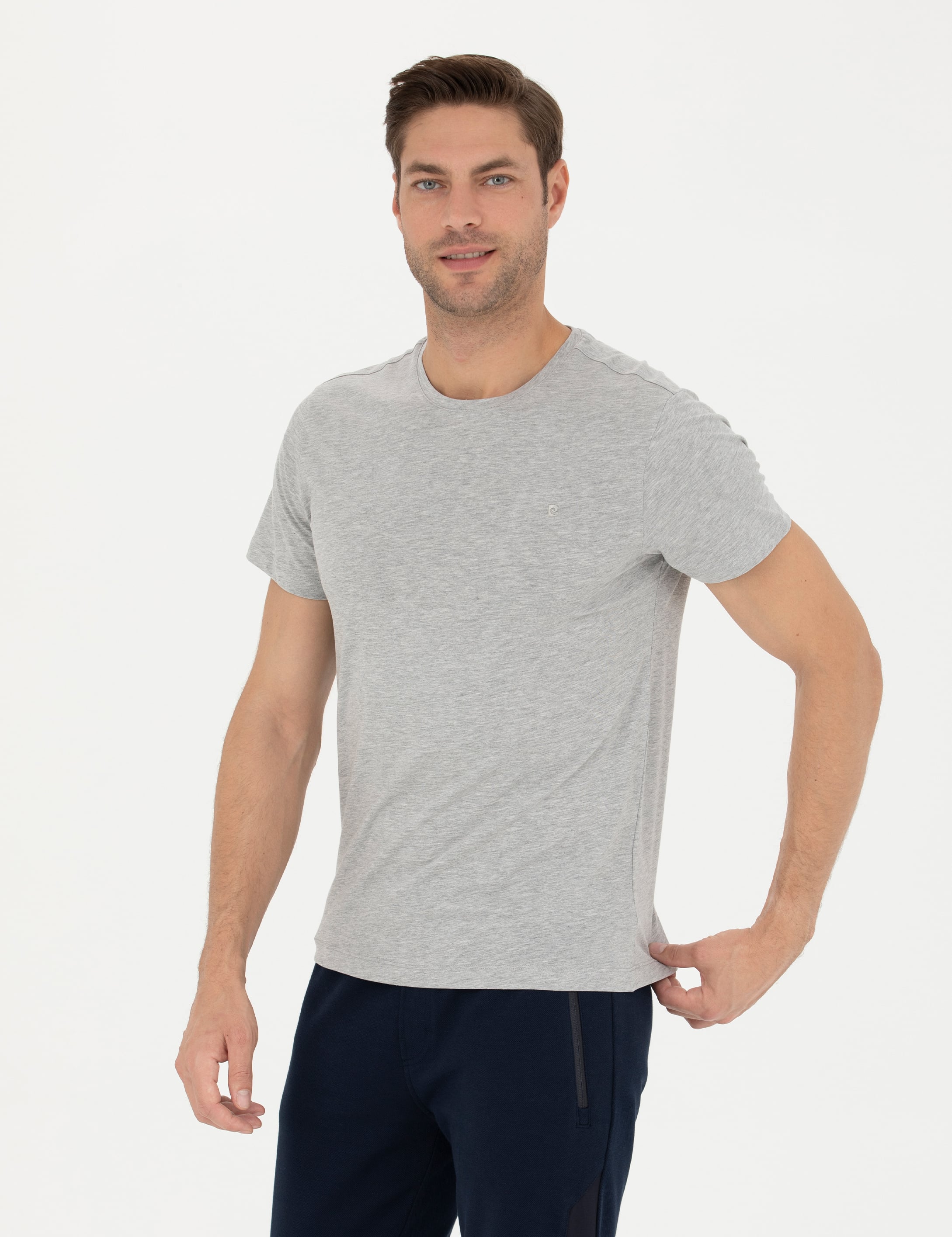 Açık Gri Melanj Slim Fit %100 Pamuk Bisiklet Yaka Basic Tişört