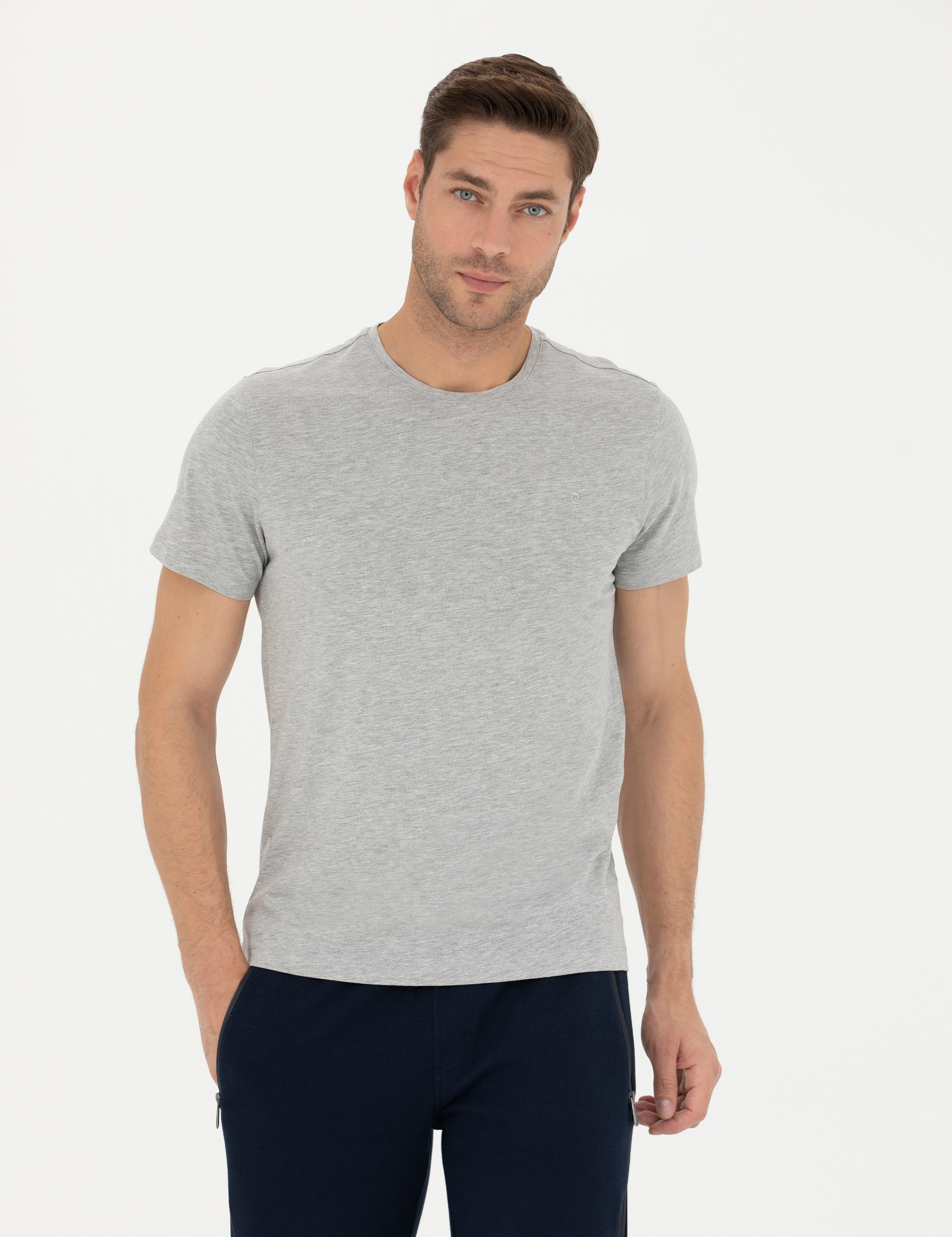 Açık Gri Melanj Slim Fit Basic Tişört - Image 3