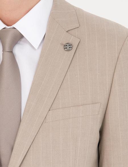 Bej Ekstra Slim Fit Çizgili Takım Elbise - 50277344041