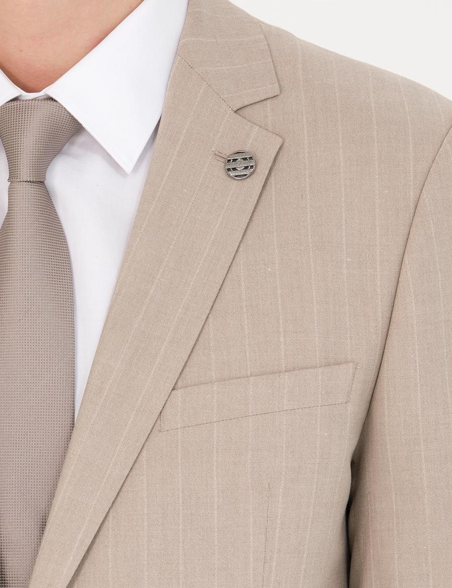 Bej Ekstra Slim Fit Çizgili Takım Elbise