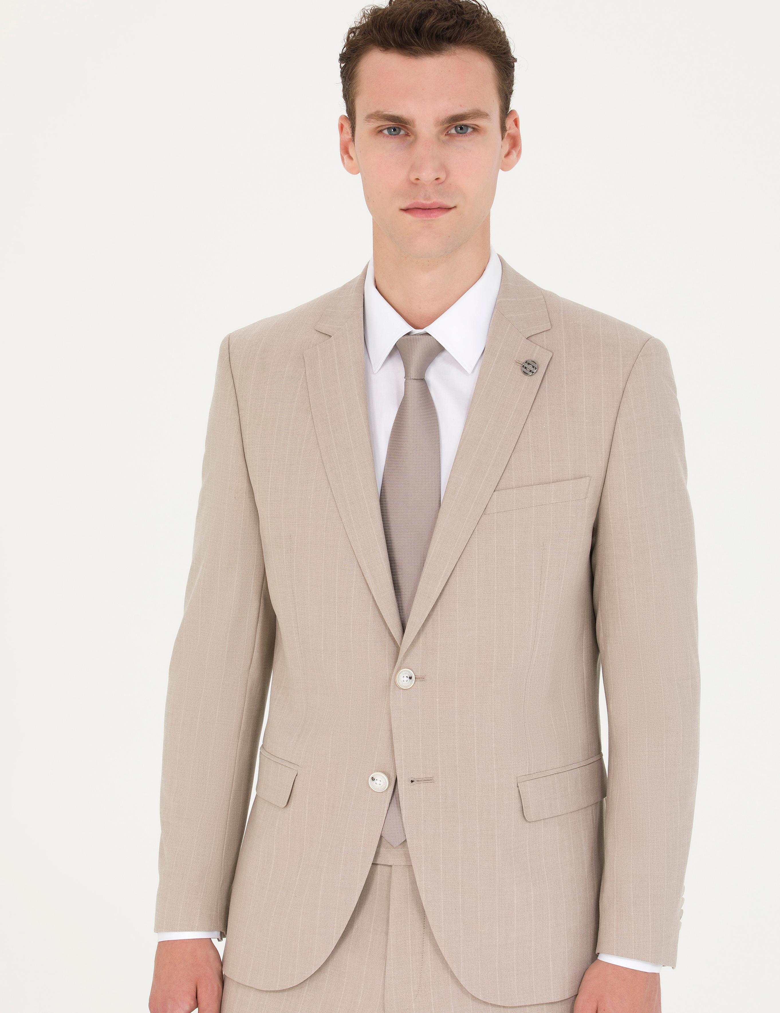 Bej Ekstra Slim Fit Çizgili Takım Elbise