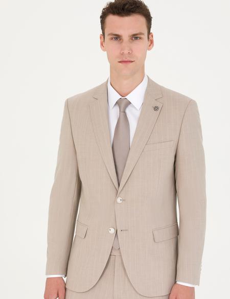 Bej Ekstra Slim Fit Çizgili Takım Elbise - 50277344041