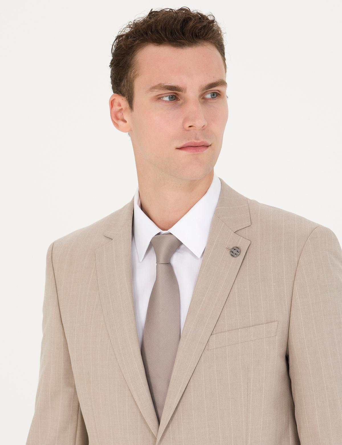 Bej Ekstra Slim Fit Çizgili Takım Elbise - 50277344041