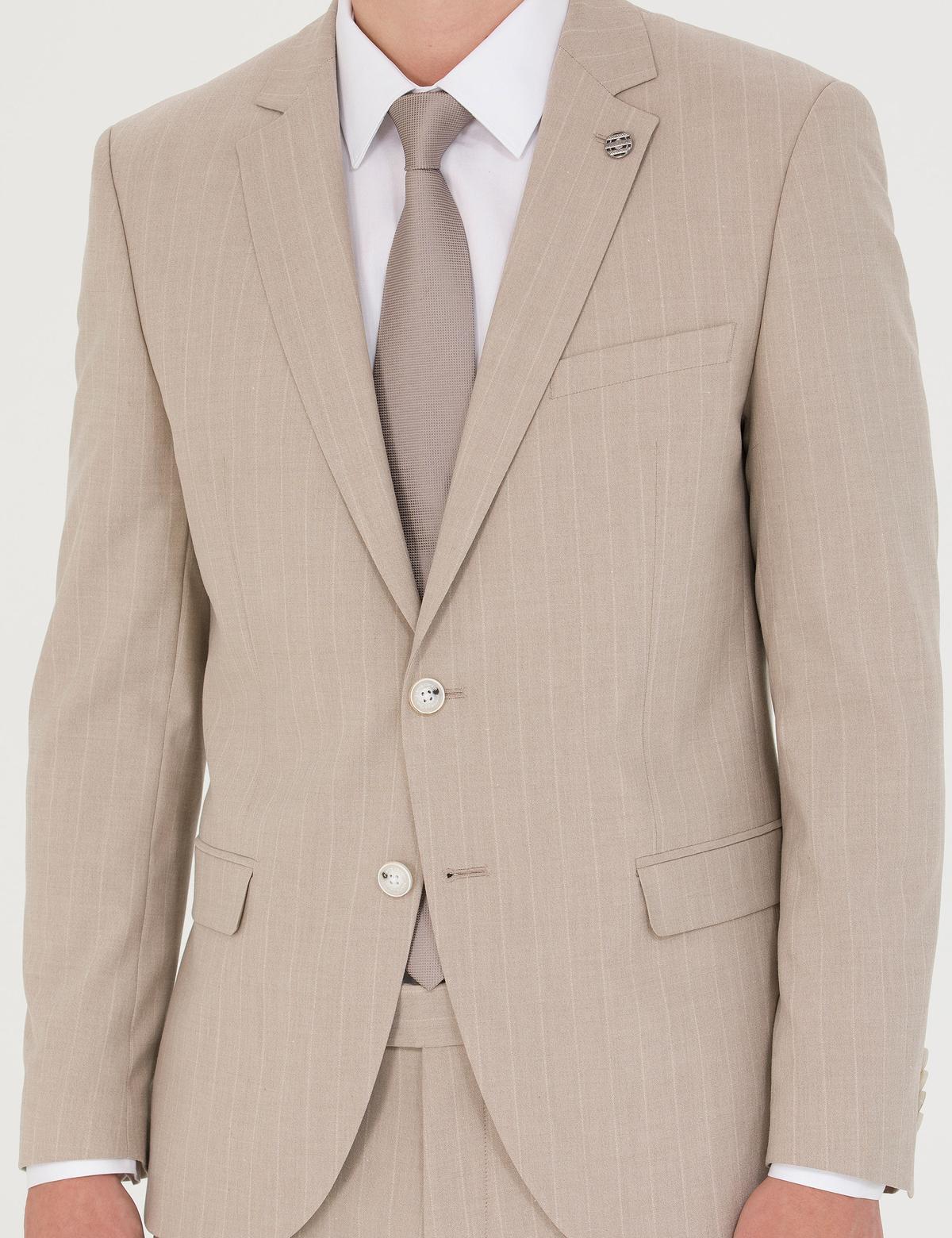 Bej Ekstra Slim Fit Çizgili Takım Elbise - 50277344041