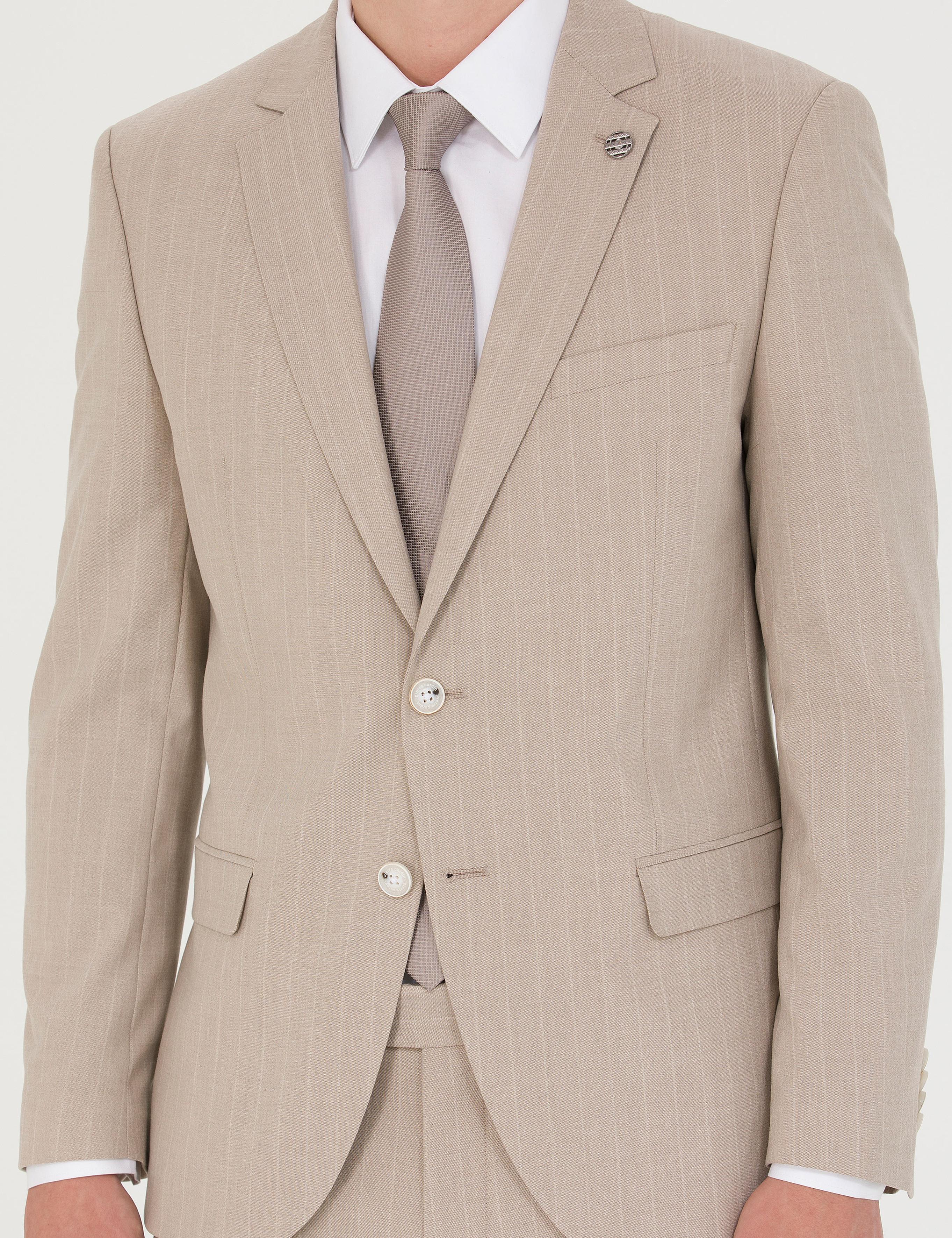 Bej Ekstra Slim Fit Çizgili Takım Elbise