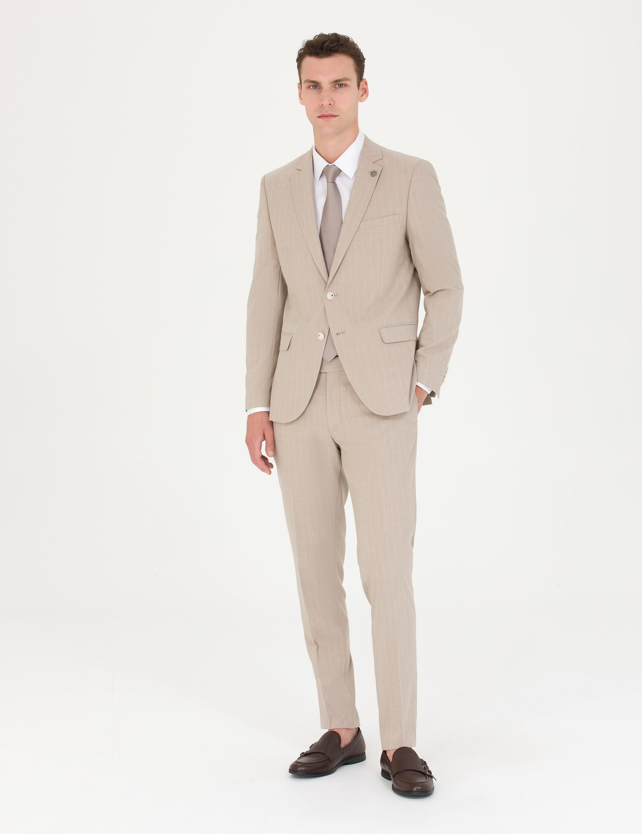 Bej Ekstra Slim Fit Çizgili Takım Elbise