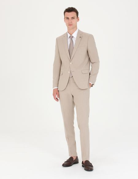Bej Ekstra Slim Fit Çizgili Takım Elbise - 50277344041