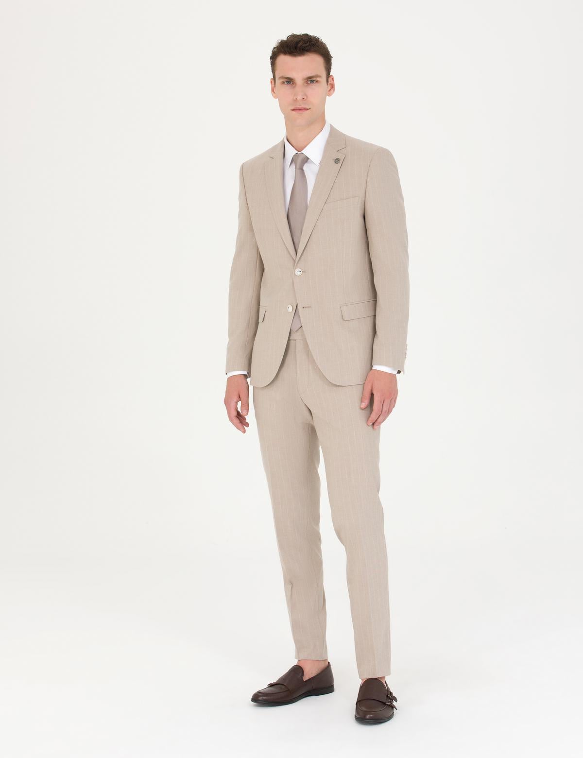 Bej Ekstra Slim Fit Çizgili Takım Elbise - 50277344041