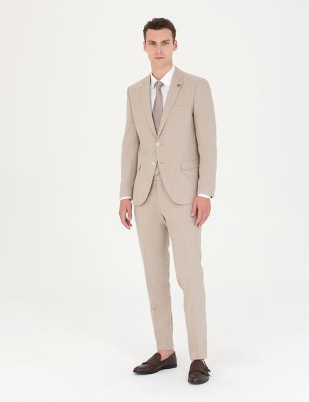 Bej Ekstra Slim Fit Çizgili Takım Elbise - 50277344041