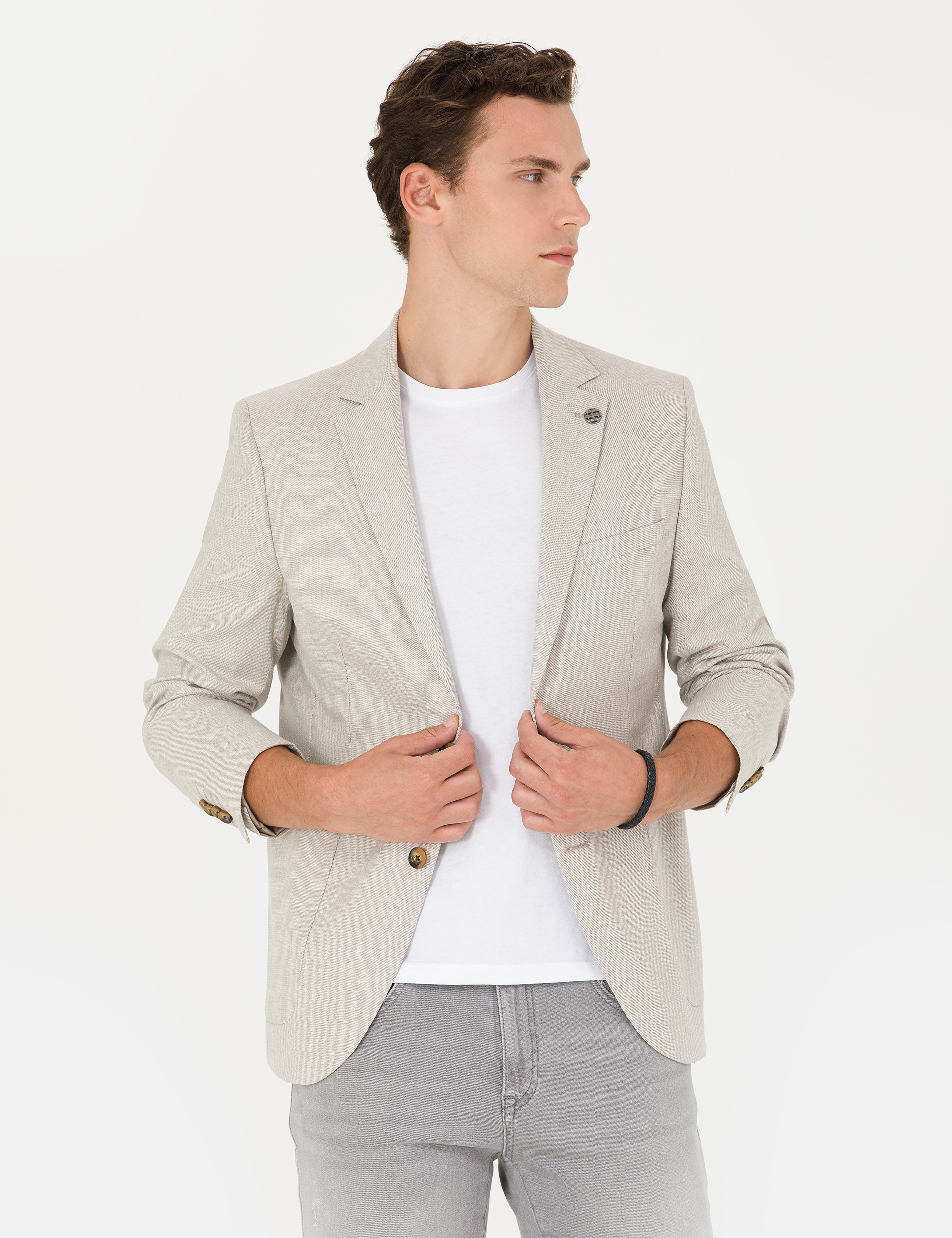 Bej Ex. Slim Fit Keten Karışımlı Blazer Ceket