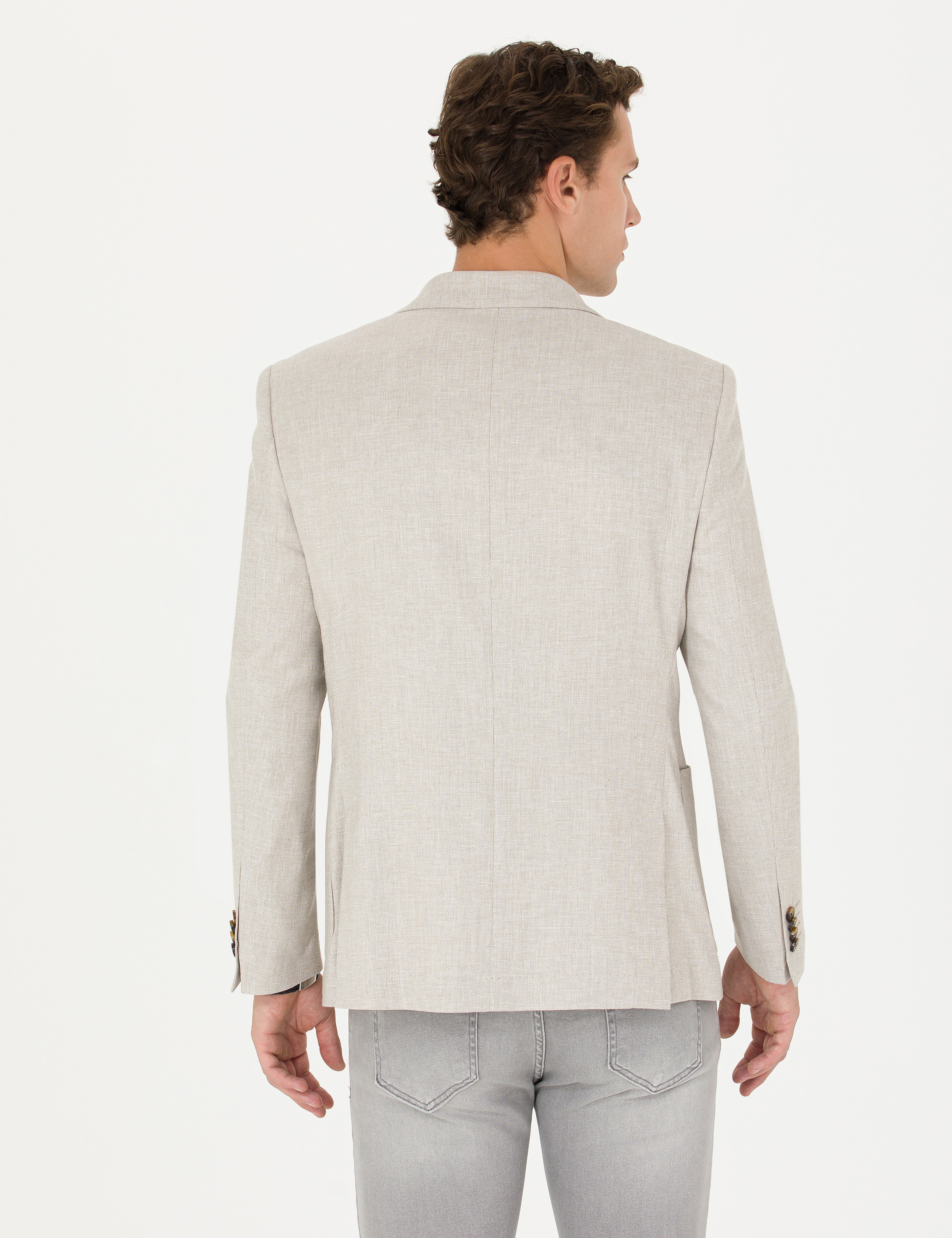 Bej Ex. Slim Fit Keten Karışımlı Blazer Ceket