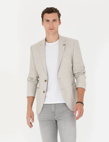 Bej Ex. Slim Fit Keten Karışımlı Blazer Ceket