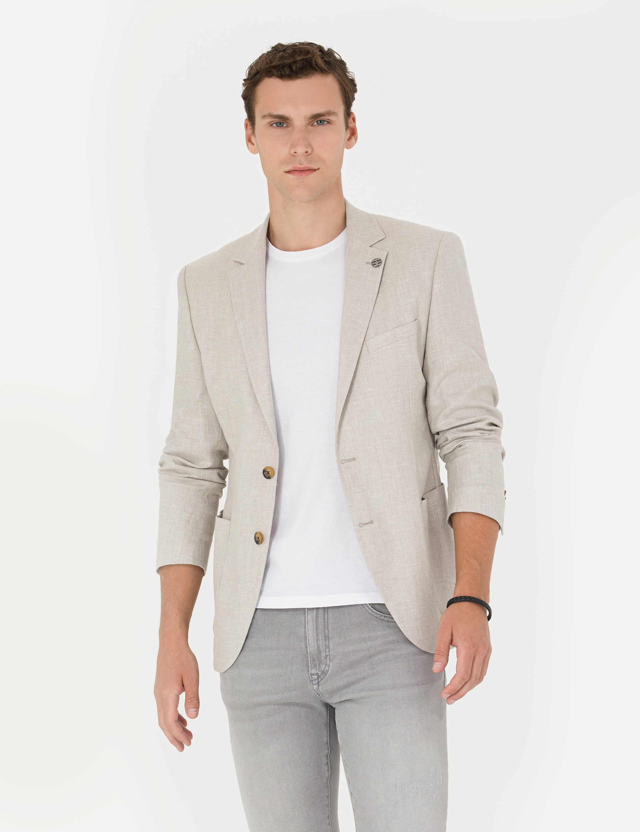 Bej Ex. Slim Fit Keten Karışımlı Blazer Ceket